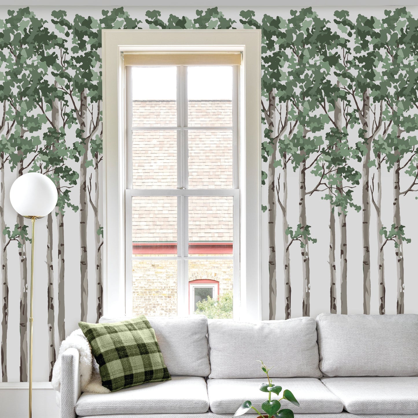 Image of Birch Tree in Green Wallpaper