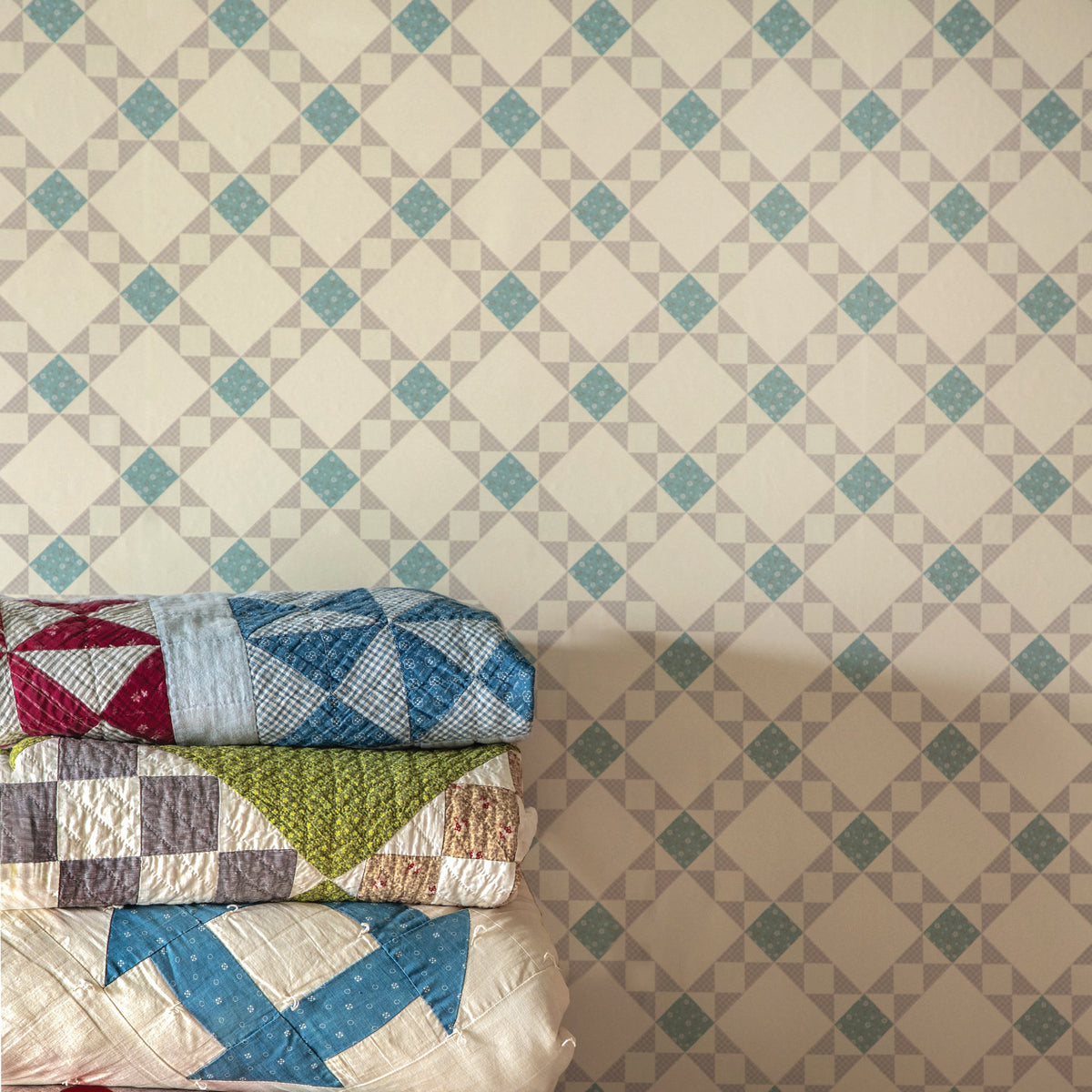 Country Quilt Wallpaper in Tan/Blue