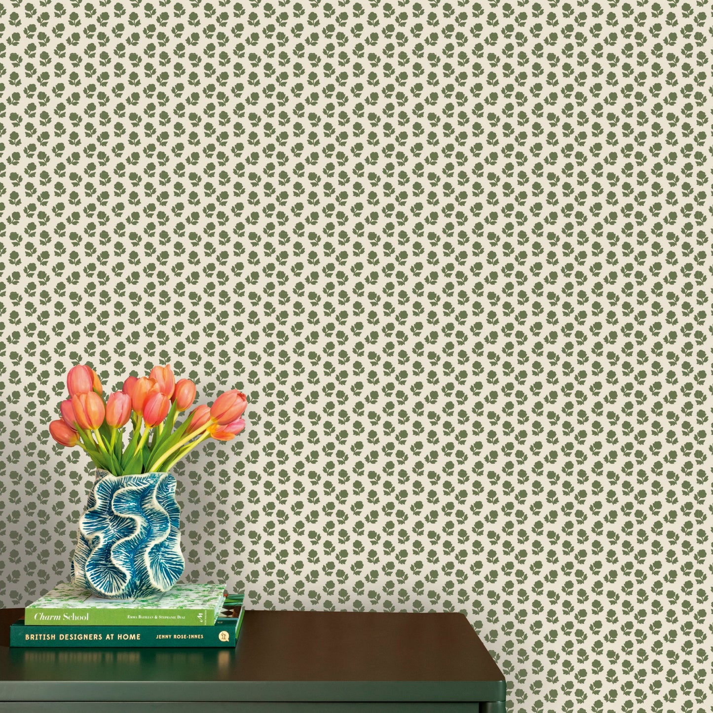 Image of Flower Stamp in Cream/Olive Wallpaper