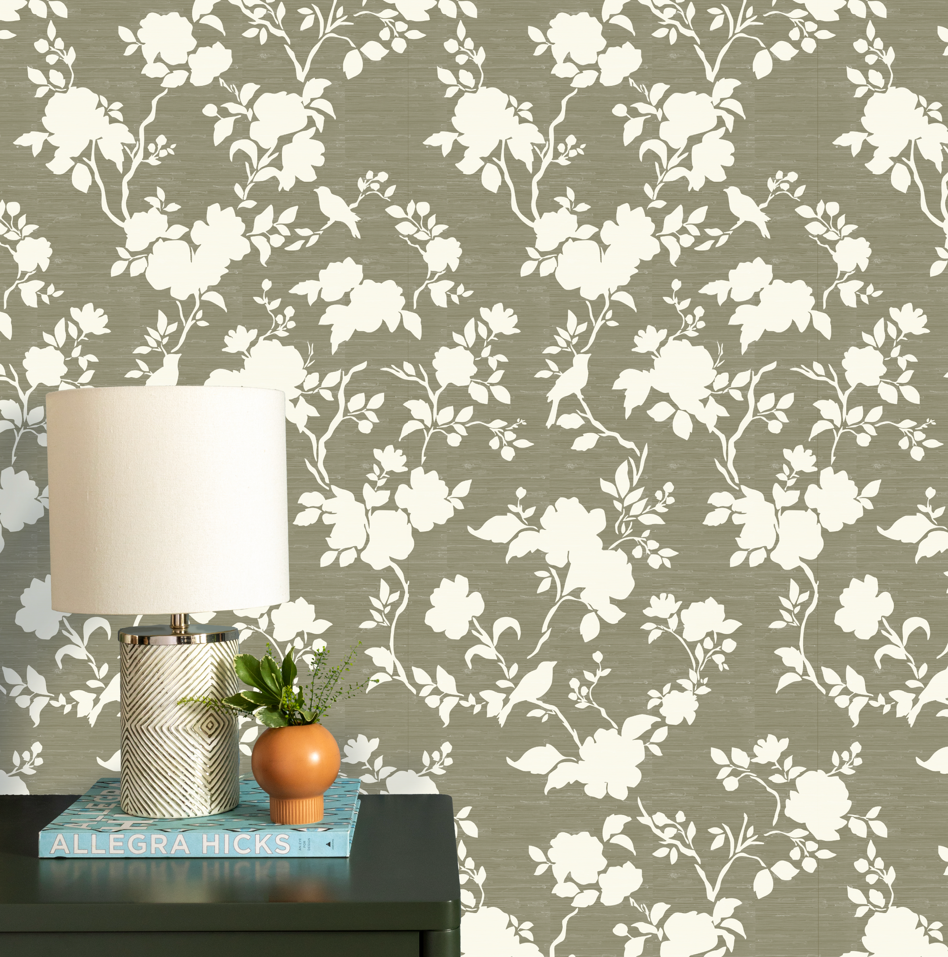 Camellia Bloom in Olive wallpaper.