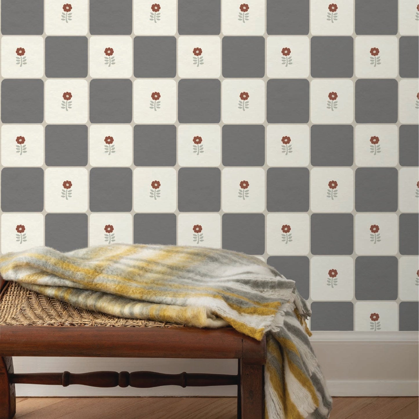 Flora Vintage Check Tile Decals Tile/Flooring in Charcoal