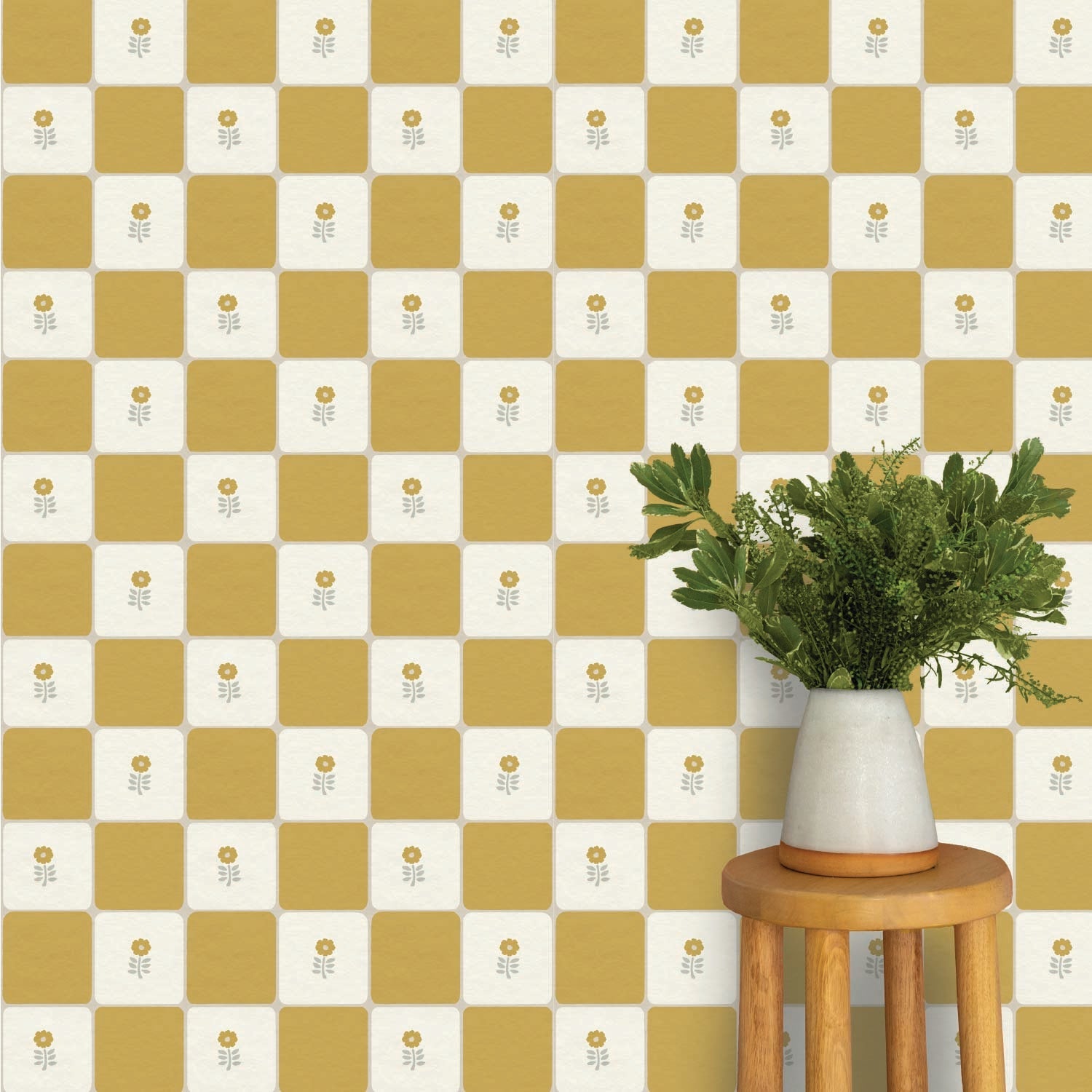 Flora Vintage Check Tile Decals Tile/Flooring in Mustard