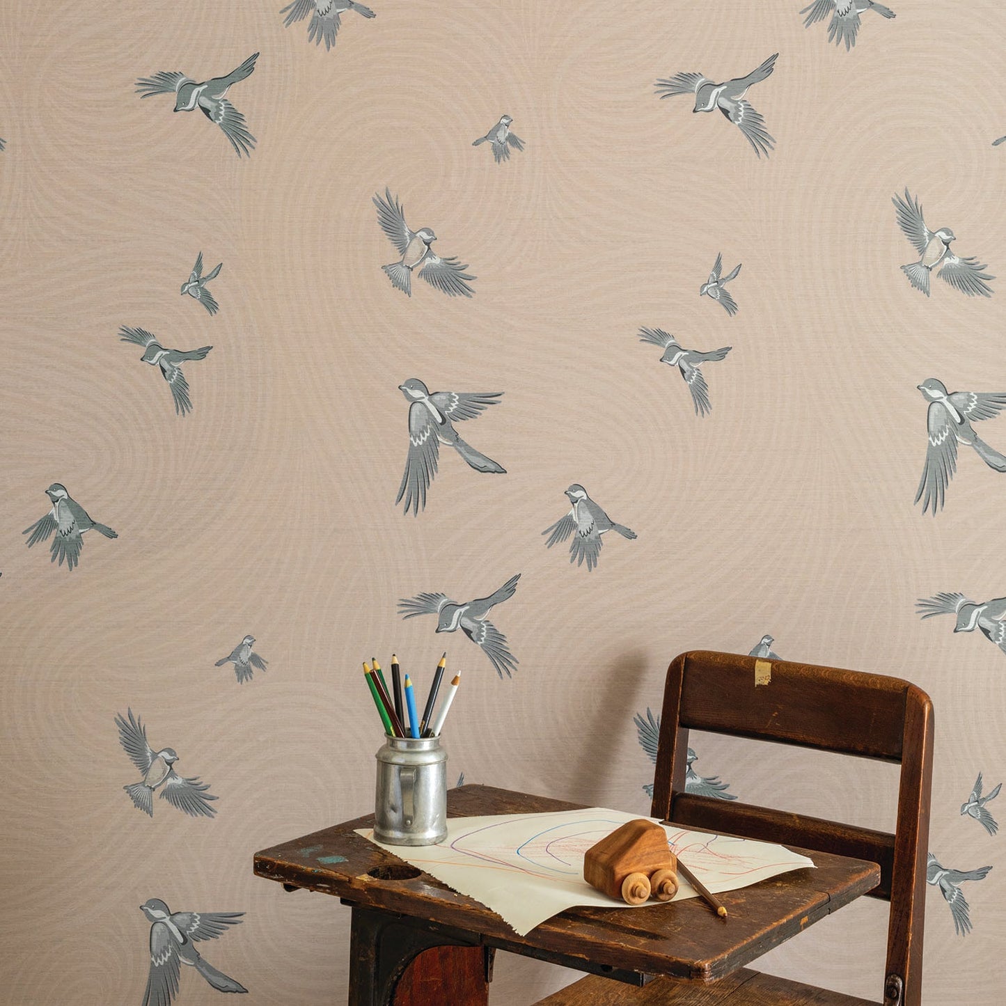 Image of Chickadee Birds in Blush Wallpaper