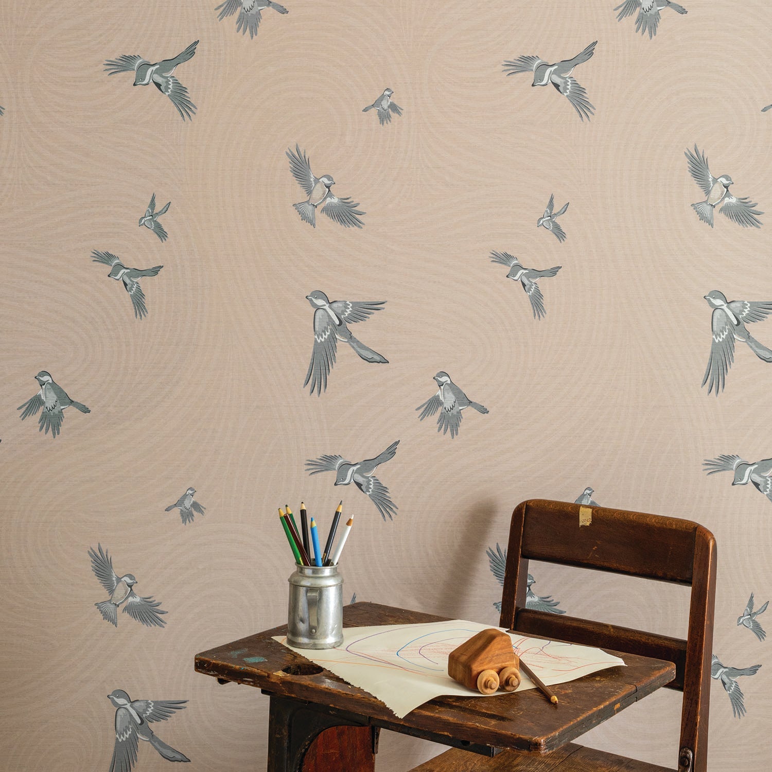 Image of Chickadee Birds in Blush Wallpaper