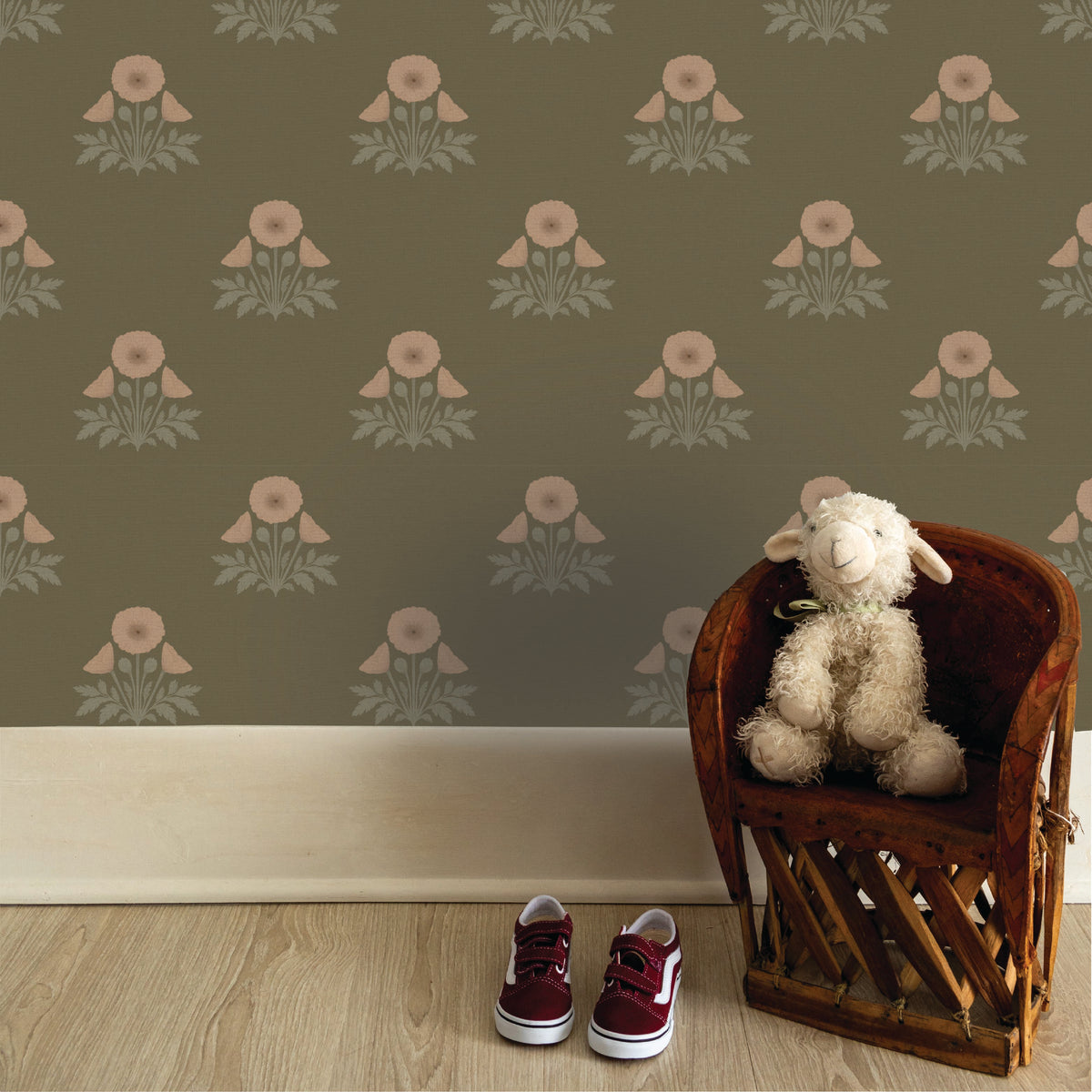 Blooming Poppies Wallpaper in Green/Blush, image 3