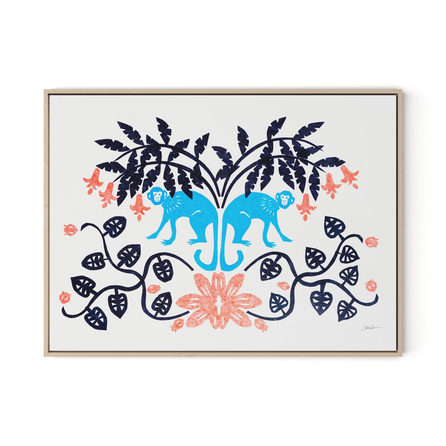 Monkeys in Vines Canvas Floater Framed / 32 x 24 in / Natural Maple