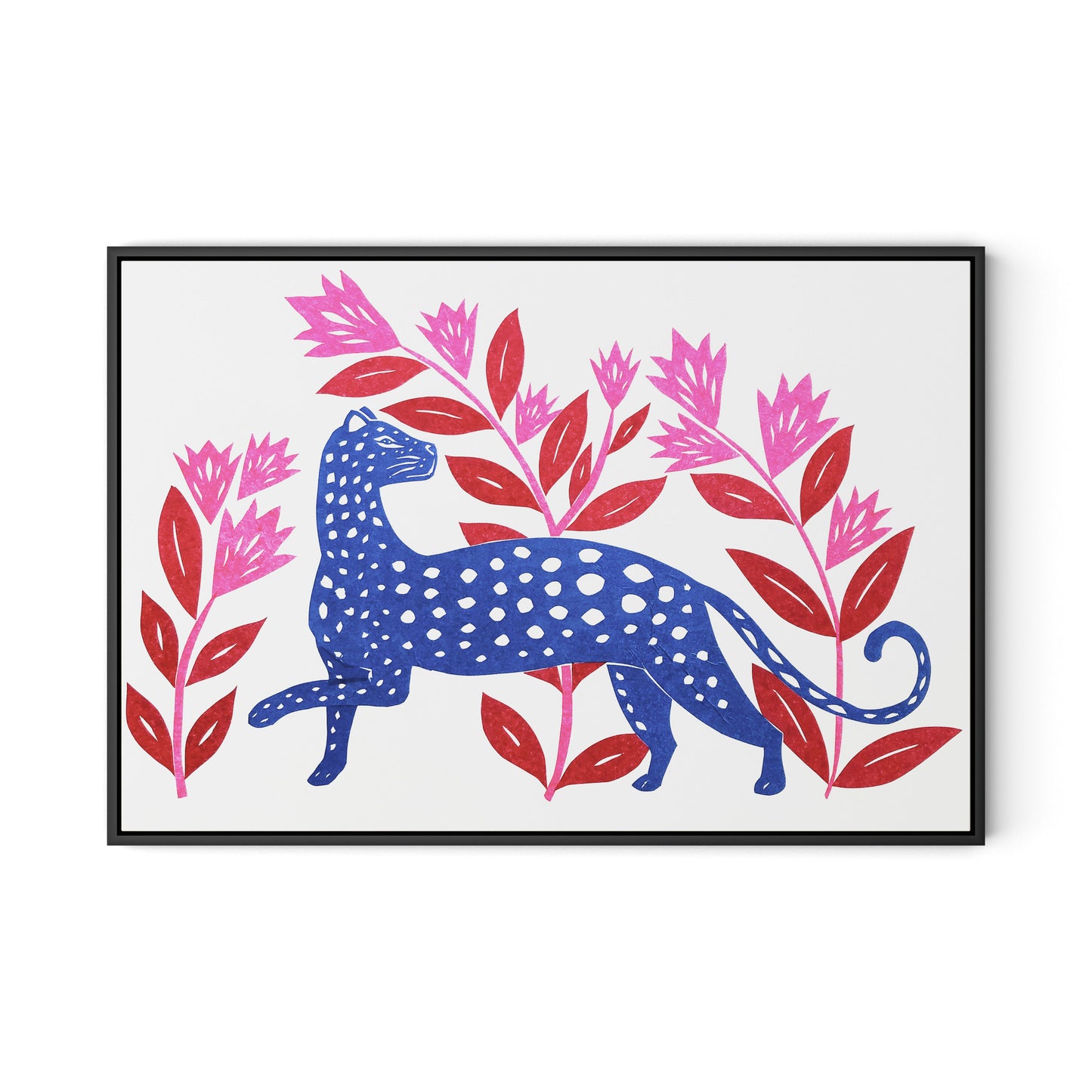 Blue Leopard Canvas Floater Framed / 32 x 22 in / Black