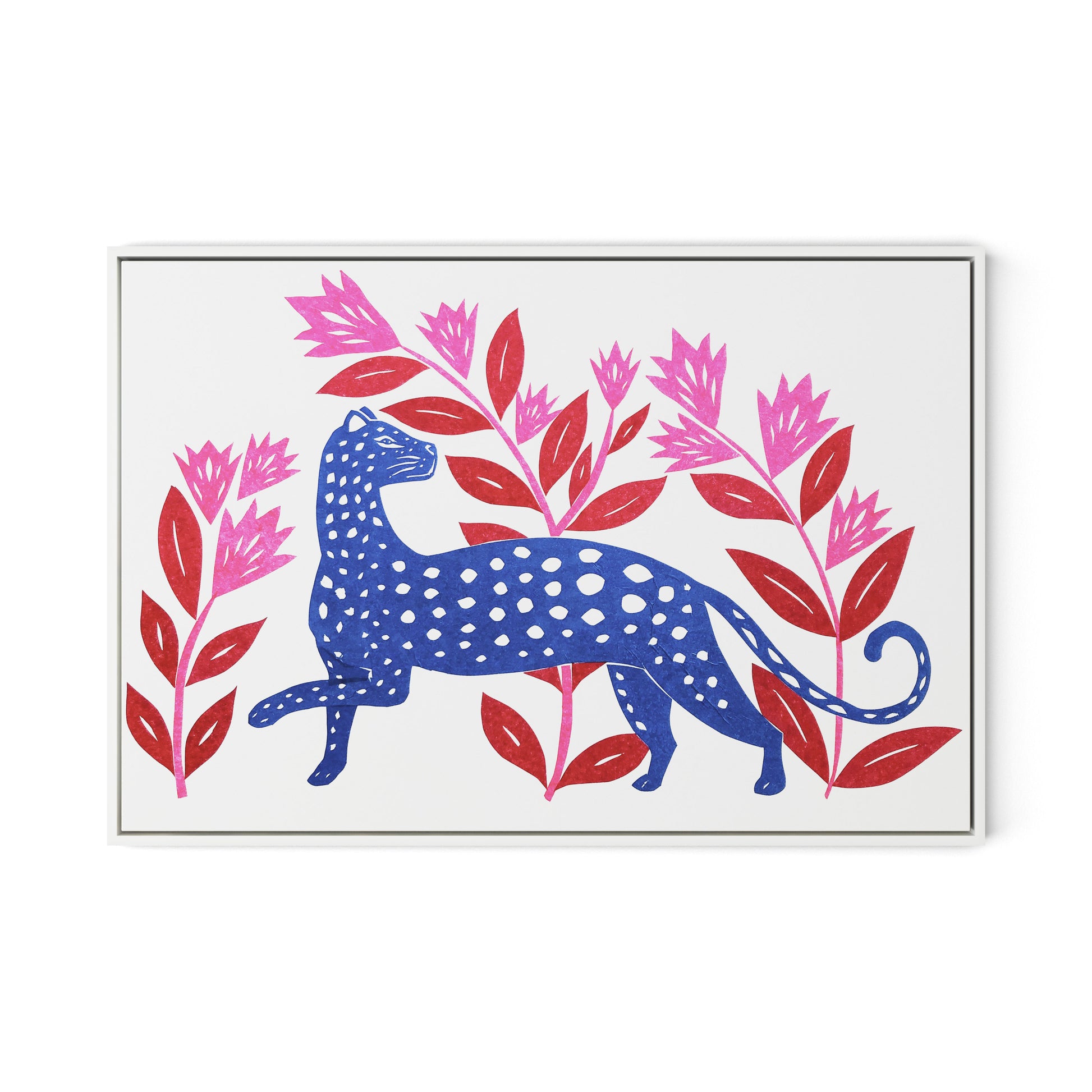 Blue Leopard Canvas Floater Framed / 32 x 22 in / White