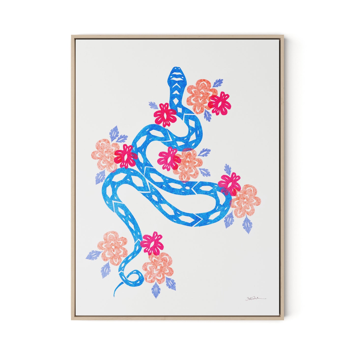 Blue Snake Canvas Floater Framed / 24 x 32 in / Natural Maple