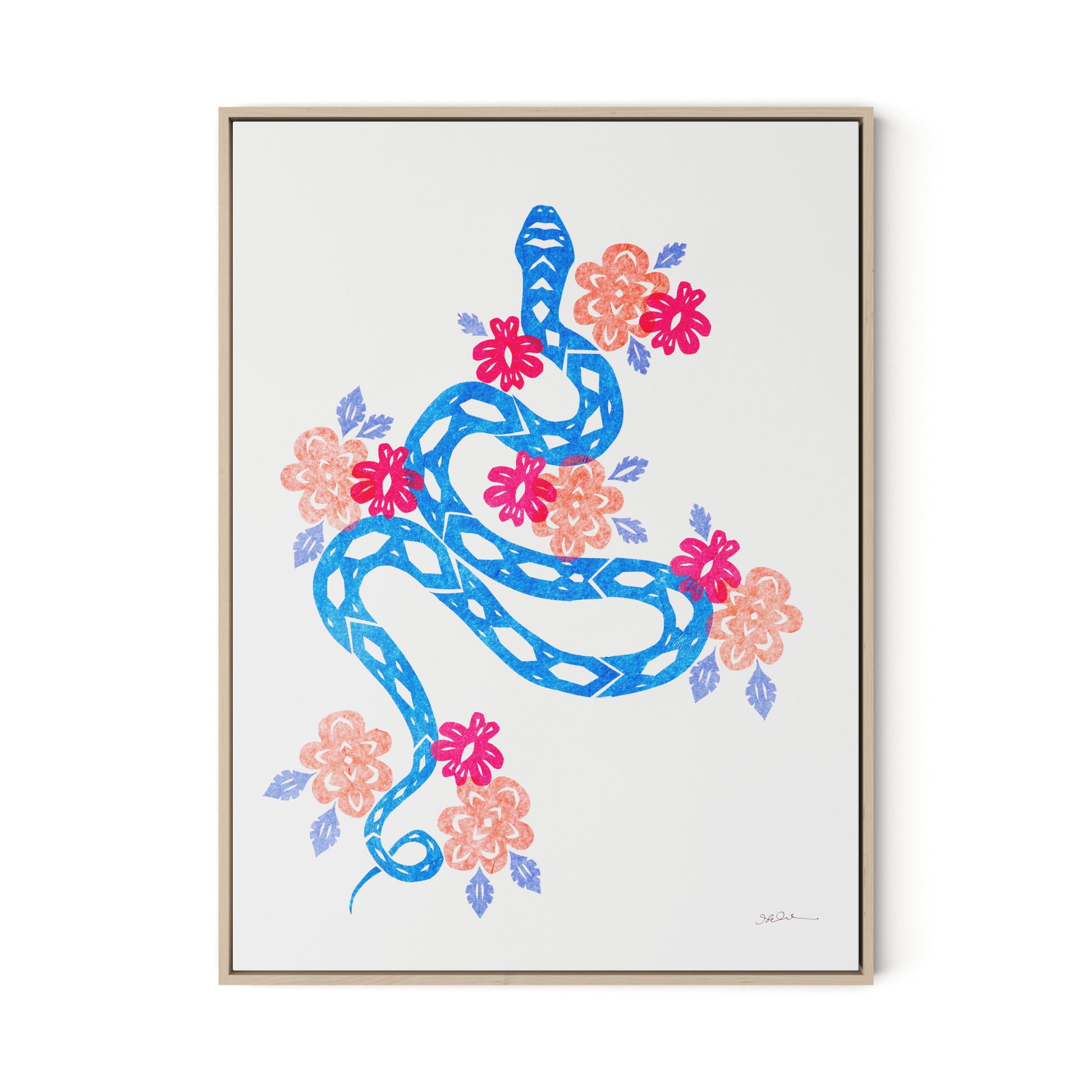 Blue Snake Canvas Floater Framed / 24 x 32 in / Natural Maple