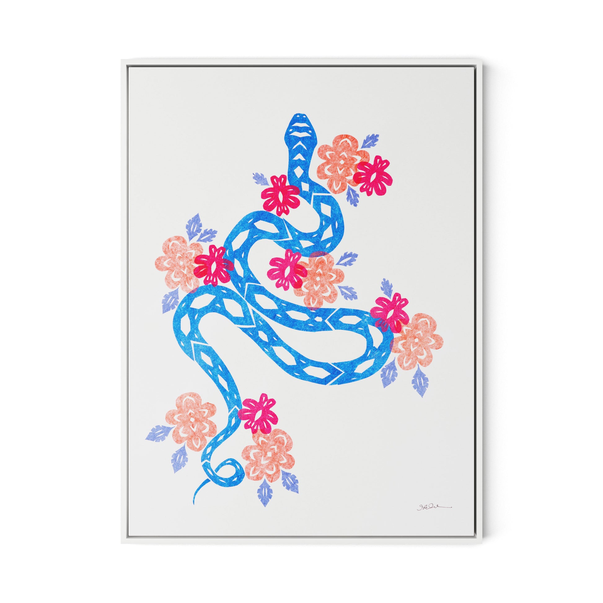 Blue Snake Canvas Floater Framed / 24 x 32 in / White