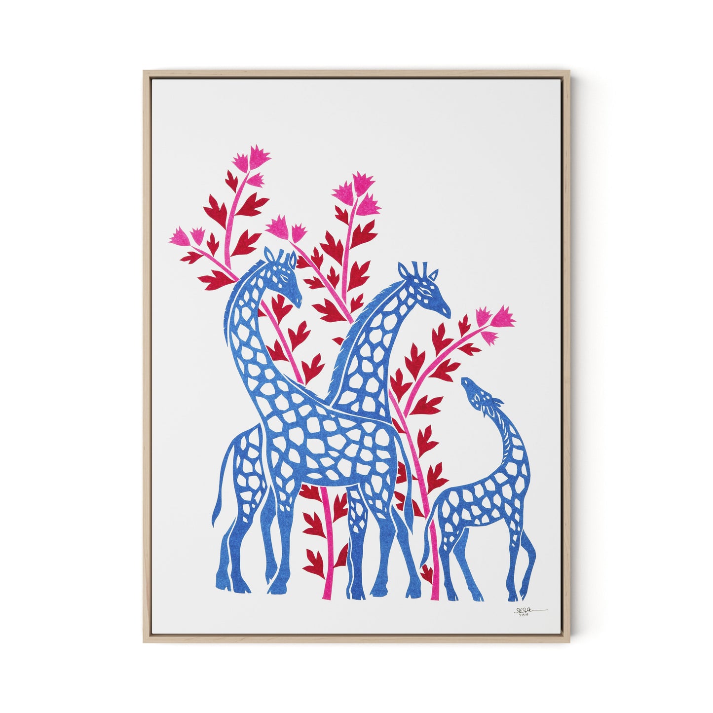 Giraffes Canvas Floater Framed / 24 x 32 in / Natural Maple