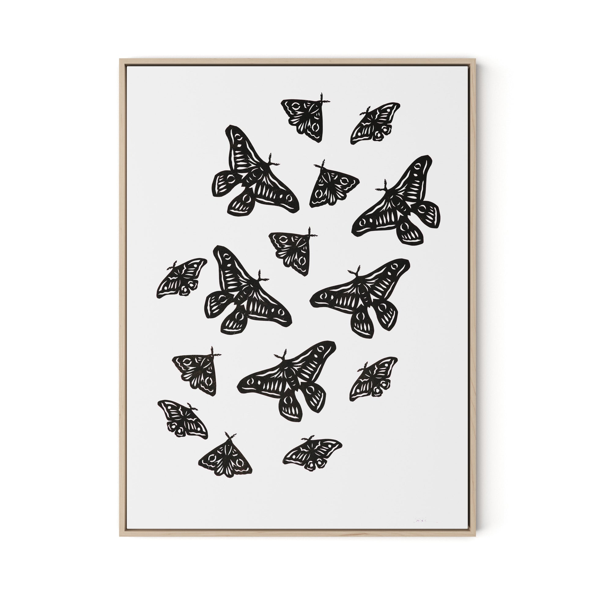 Black Moths Canvas Floater Framed / 24 x 32 in / Natural Maple