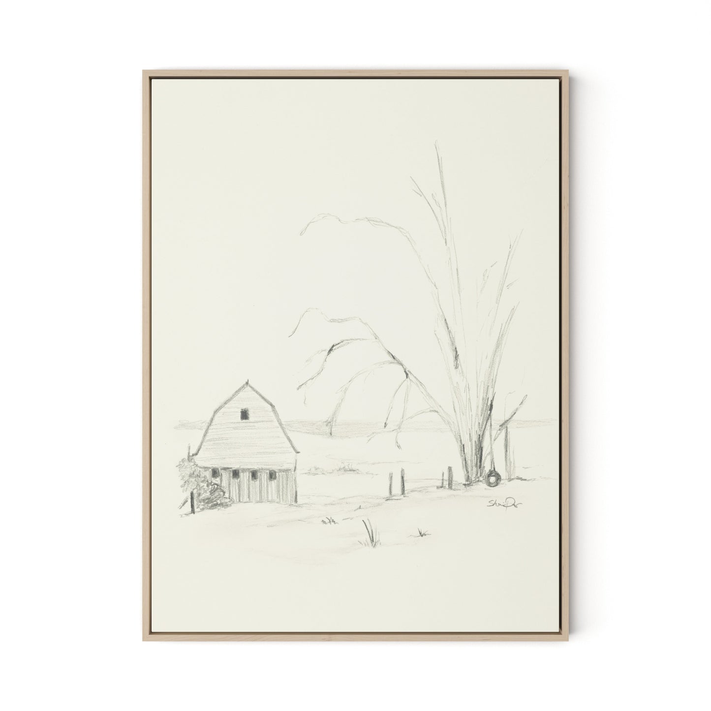 Barn and Tire Swing Canvas Floater Framed / 24 x 32 in / Natural Maple