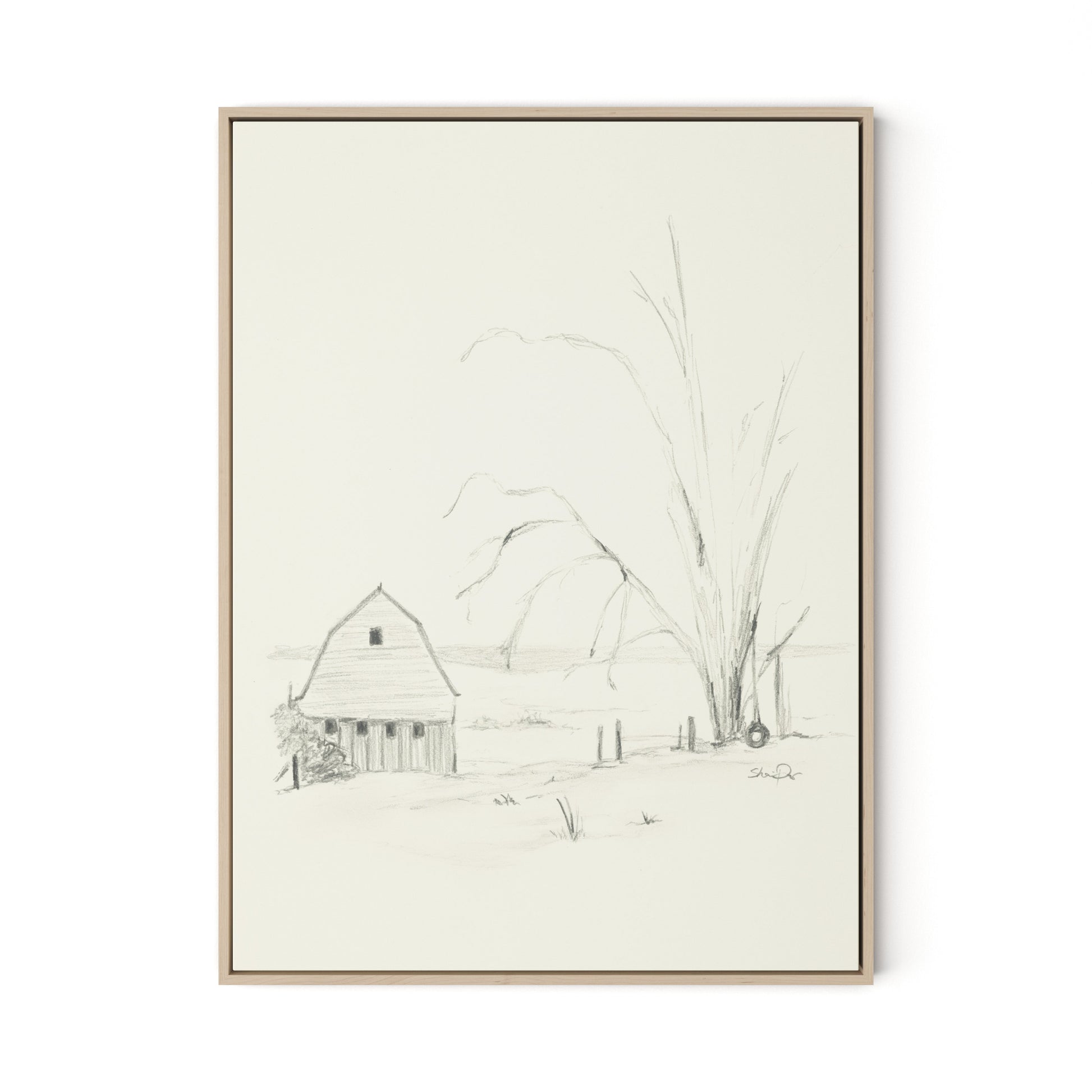 Barn and Tire Swing Canvas Floater Framed / 24 x 32 in / Natural Maple