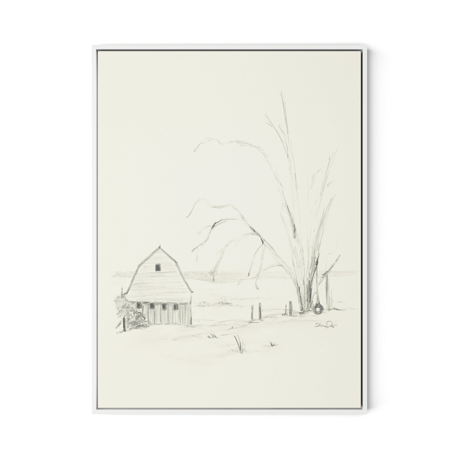 Barn and Tire Swing Canvas Floater Framed / 24 x 32 in / White