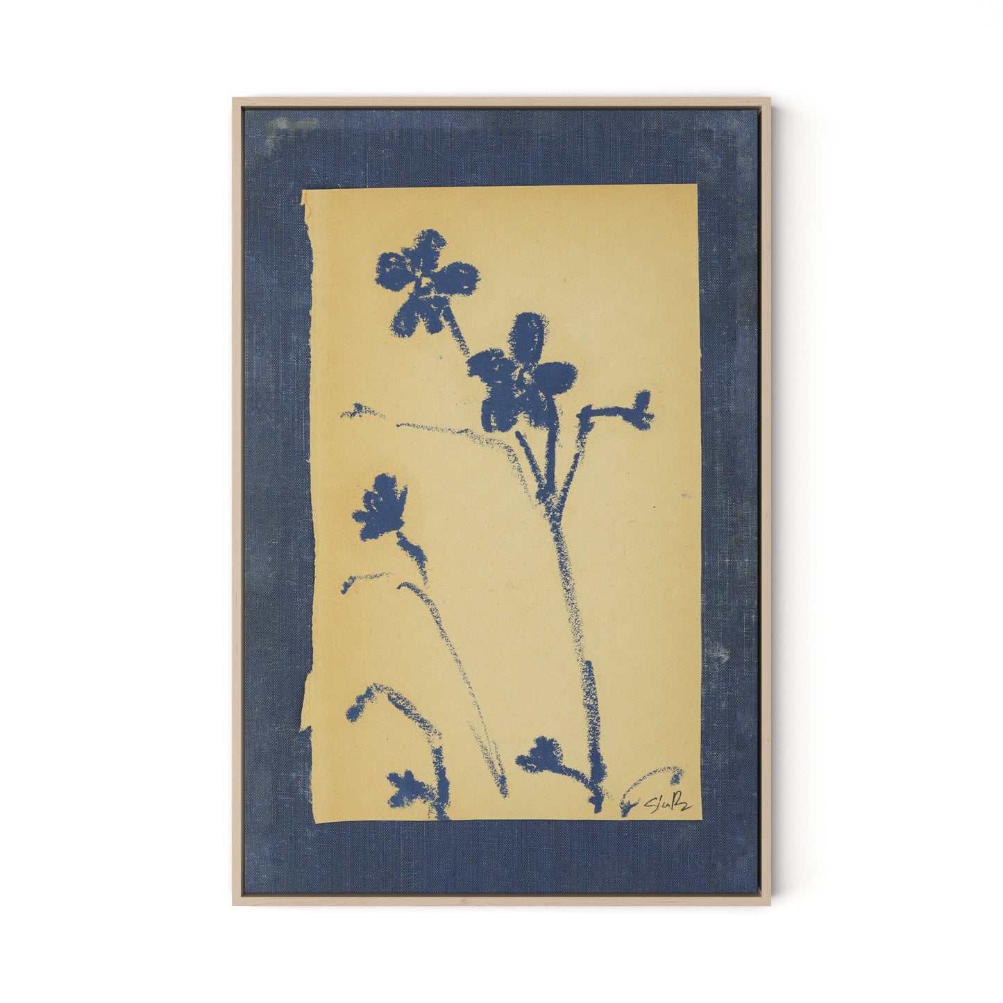 Vintage Blue Daisy Canvas Floater Framed / 21.5 x 32 in / Natural Maple