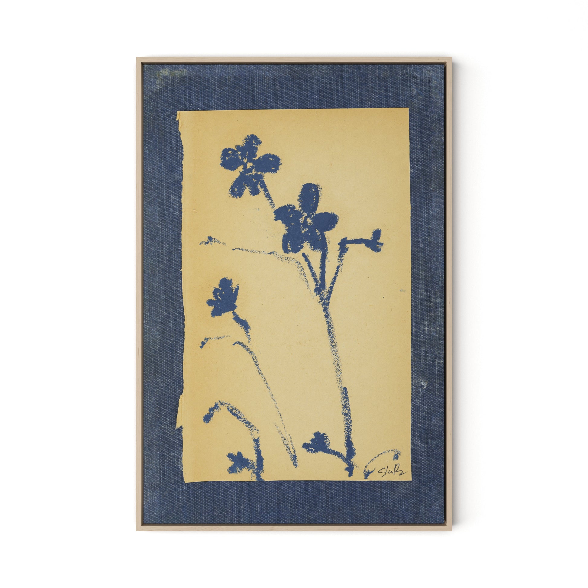 Vintage Blue Daisy Canvas Floater Framed / 21.5 x 32 in / Natural Maple