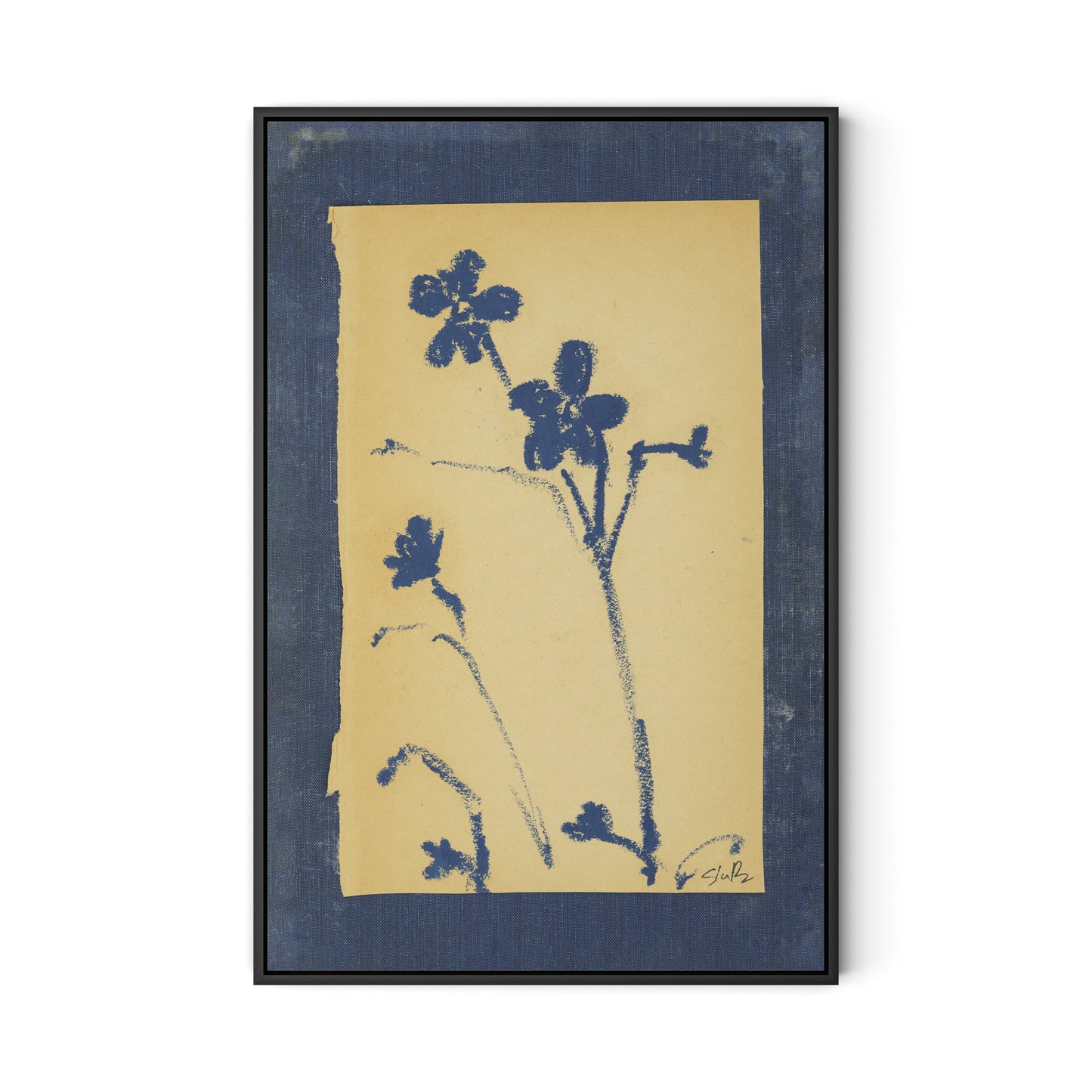 Vintage Blue Daisy Canvas Floater Framed / 21.5 x 32 in / Black
