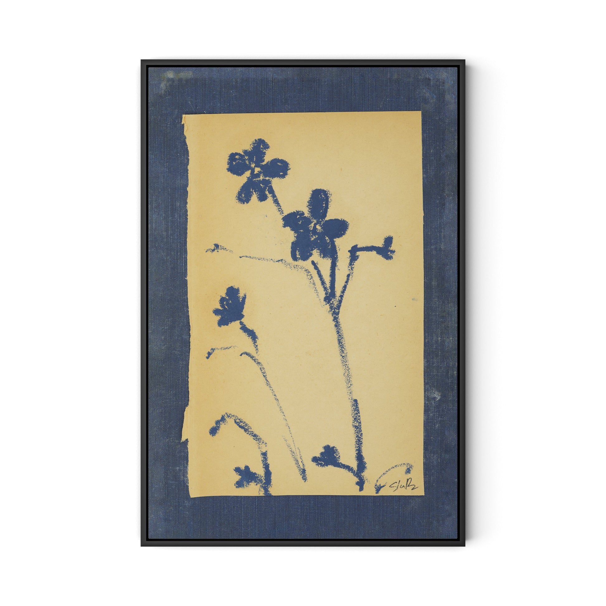 Vintage Blue Daisy Canvas Floater Framed / 21.5 x 32 in / Black