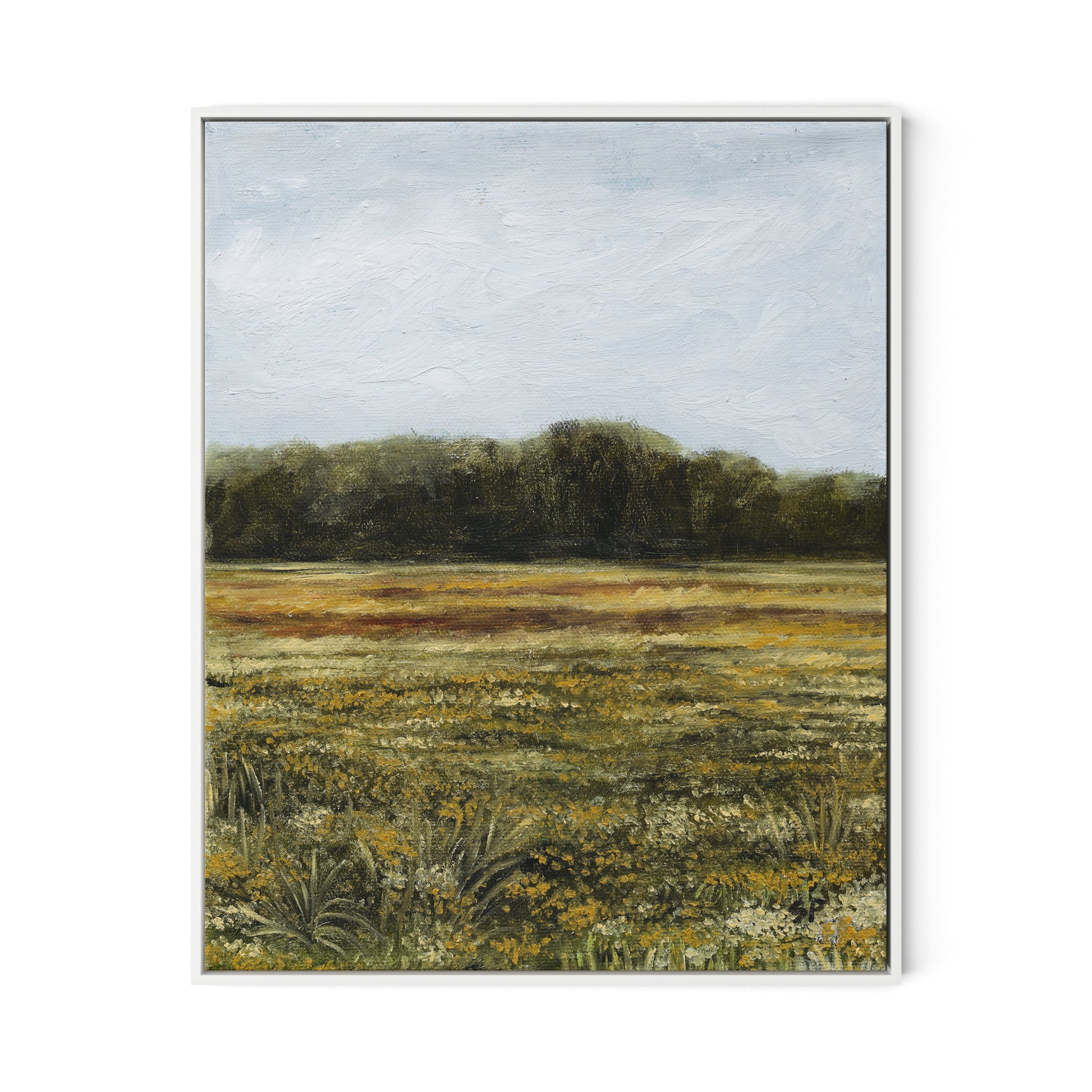 Yellow Flower Field Canvas Floater Framed / 26 x 32 in / White