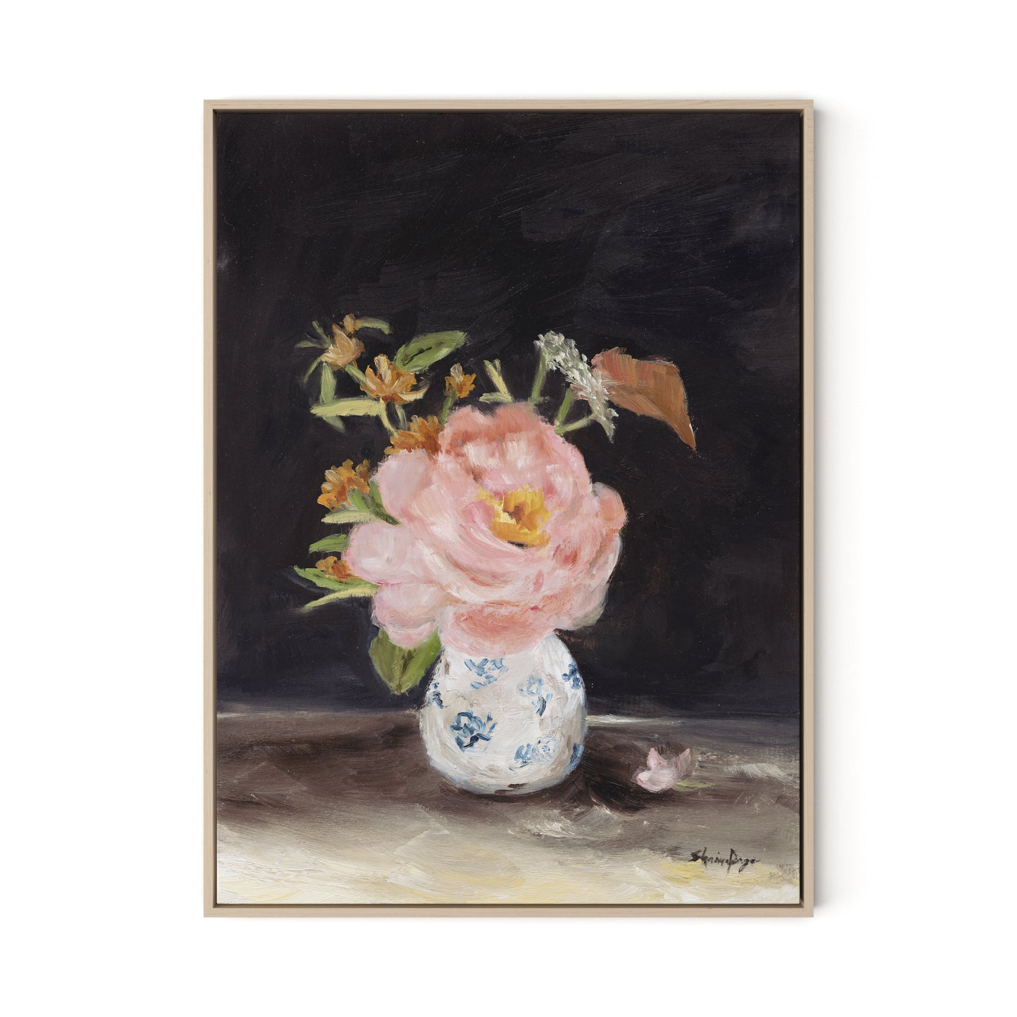 Pink Peony Canvas Floater Framed / 24 x 32 in / Natural Maple