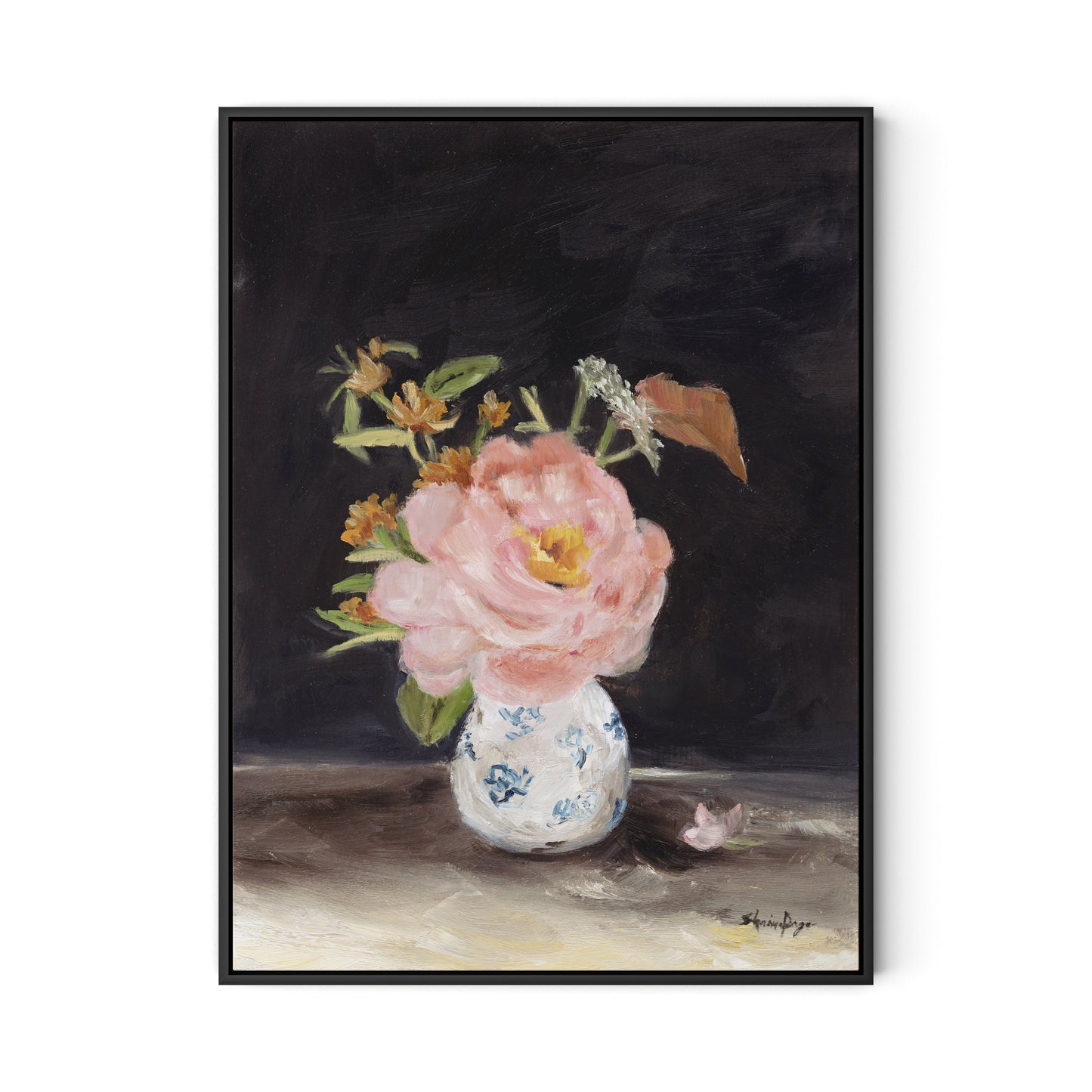 Pink Peony Canvas Floater Framed / 24 x 32 in / Black