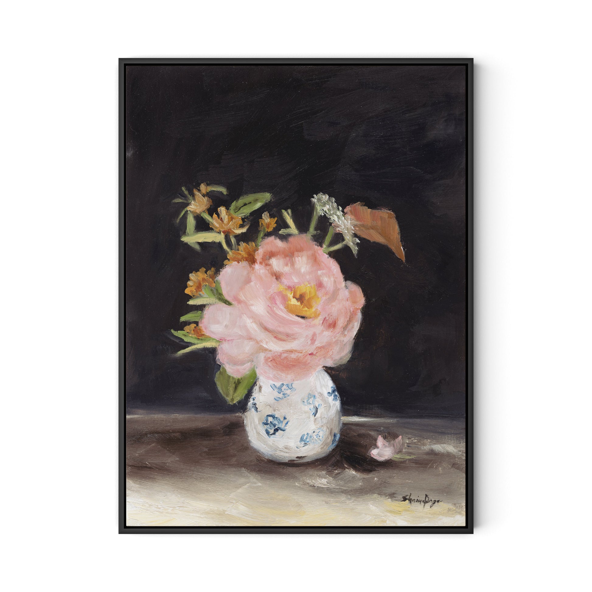 Pink Peony Canvas Floater Framed / 24 x 32 in / Black
