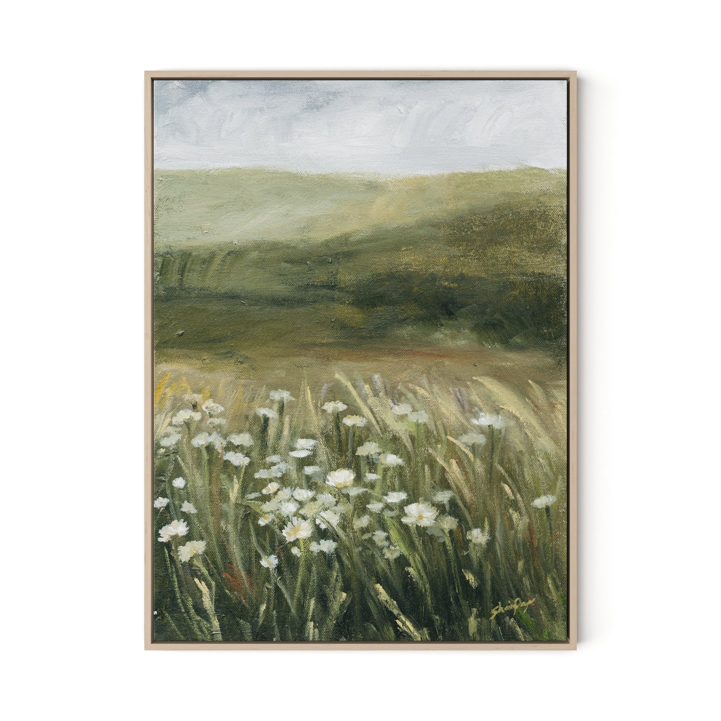 Daisy Field Canvas Floater Framed / 24 x 32 in / Natural Maple