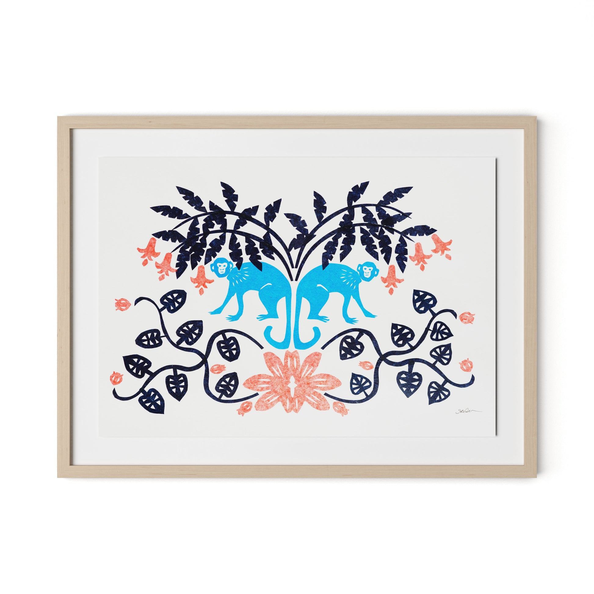 Monkeys in Vines Framed Paper / 32 x 24 in / Natural Maple