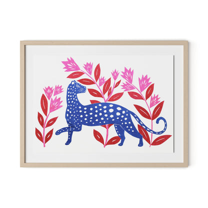 Blue Leopard Framed Paper / 32 x 24 in / Natural Maple