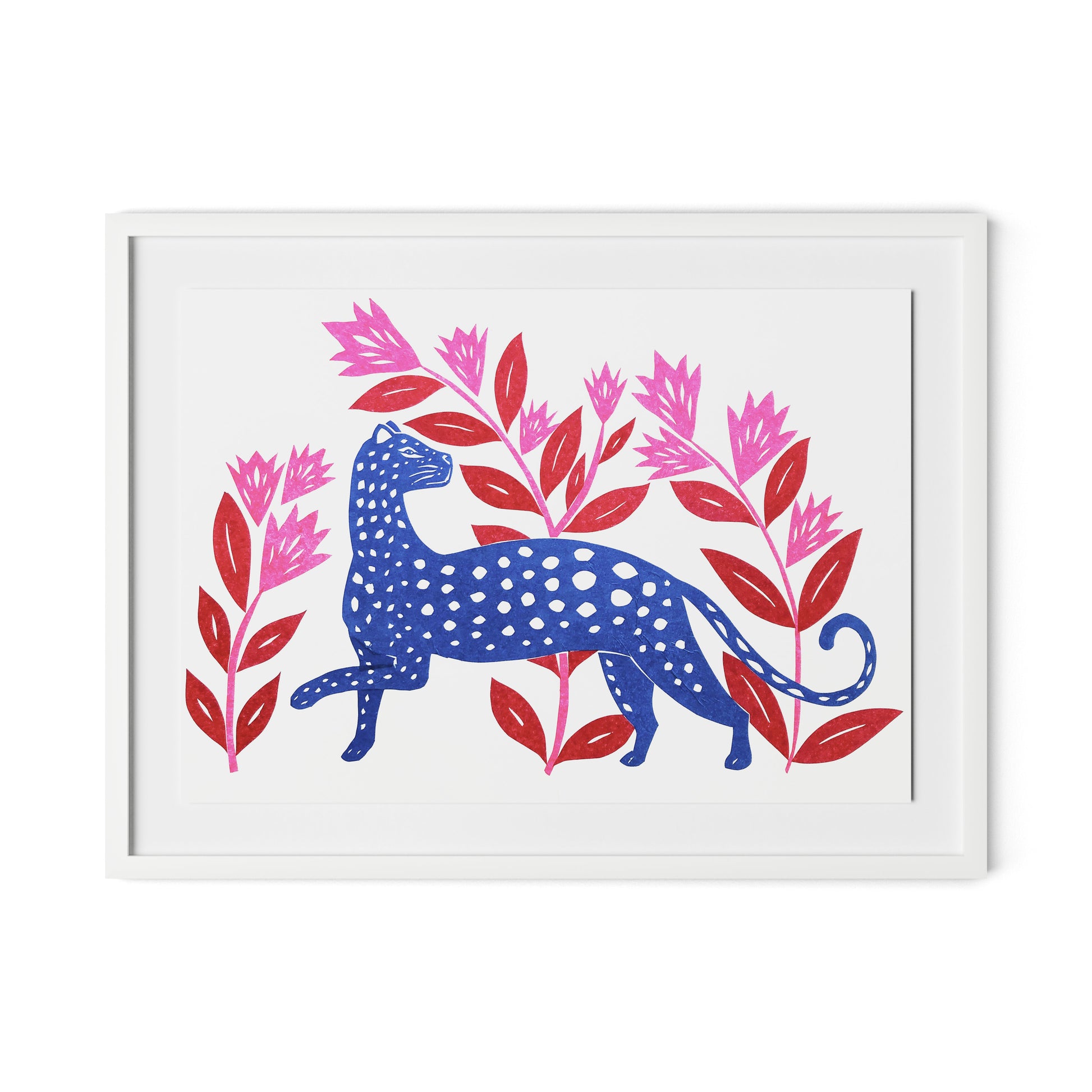 Blue Leopard Framed Paper / 32 x 24 in / White