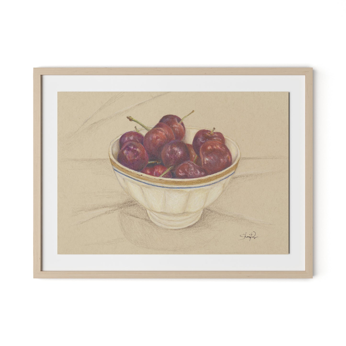 Cherries II Framed Paper / 32 x 24 in / Natural Maple
