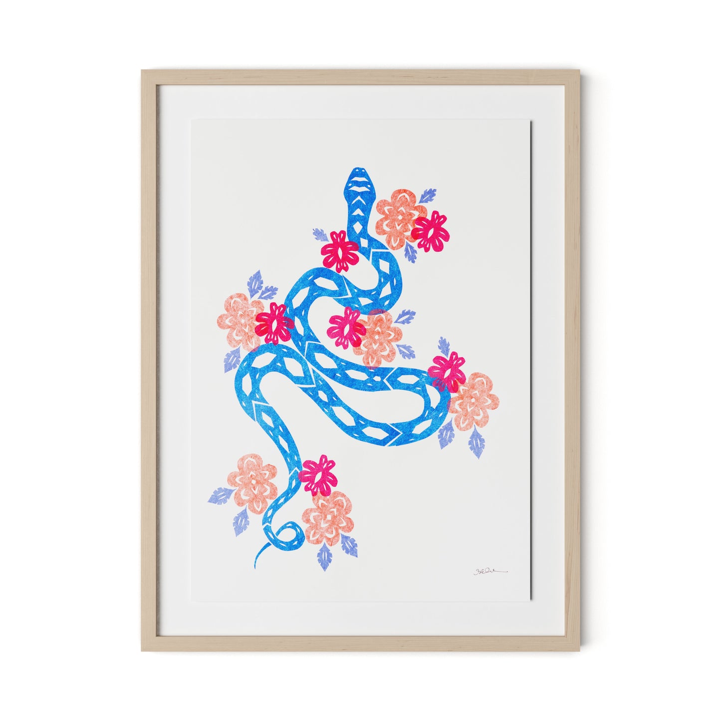 Blue Snake Framed Paper / 24 x 32 in / Natural Maple