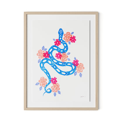 Blue Snake Framed Paper / 24 x 32 in / Natural Maple