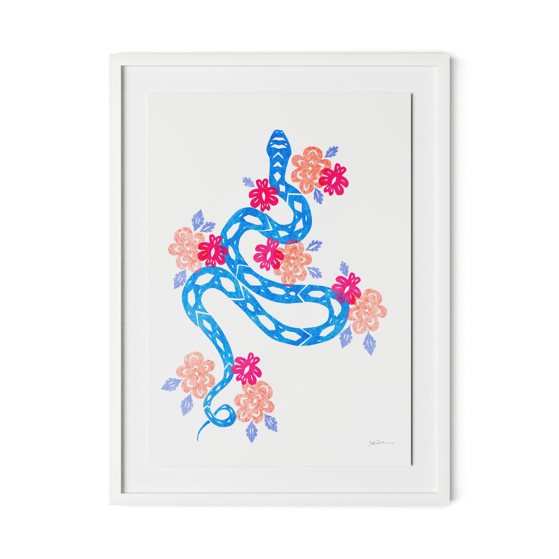 Blue Snake Framed Paper / 24 x 32 in / White