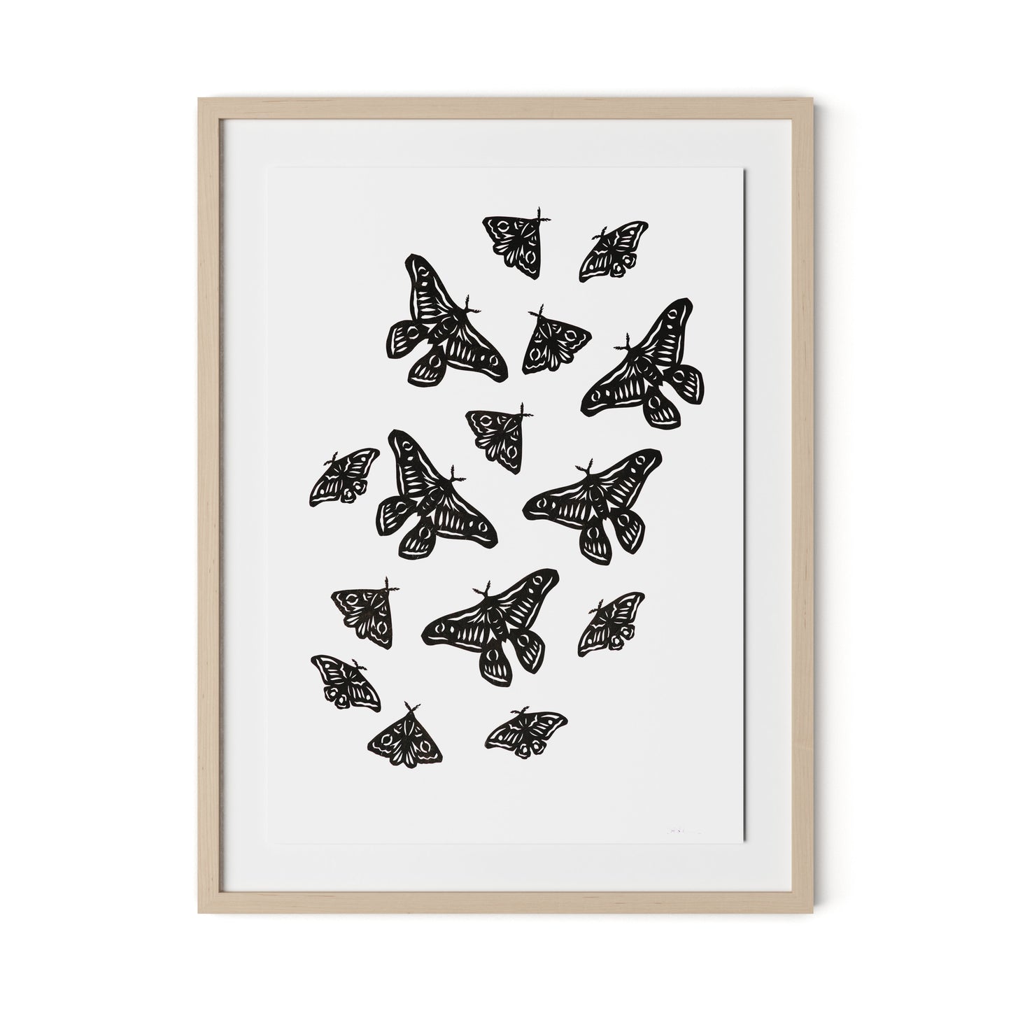 Black Moths Framed Paper / 24 x 32 in / Natural Maple