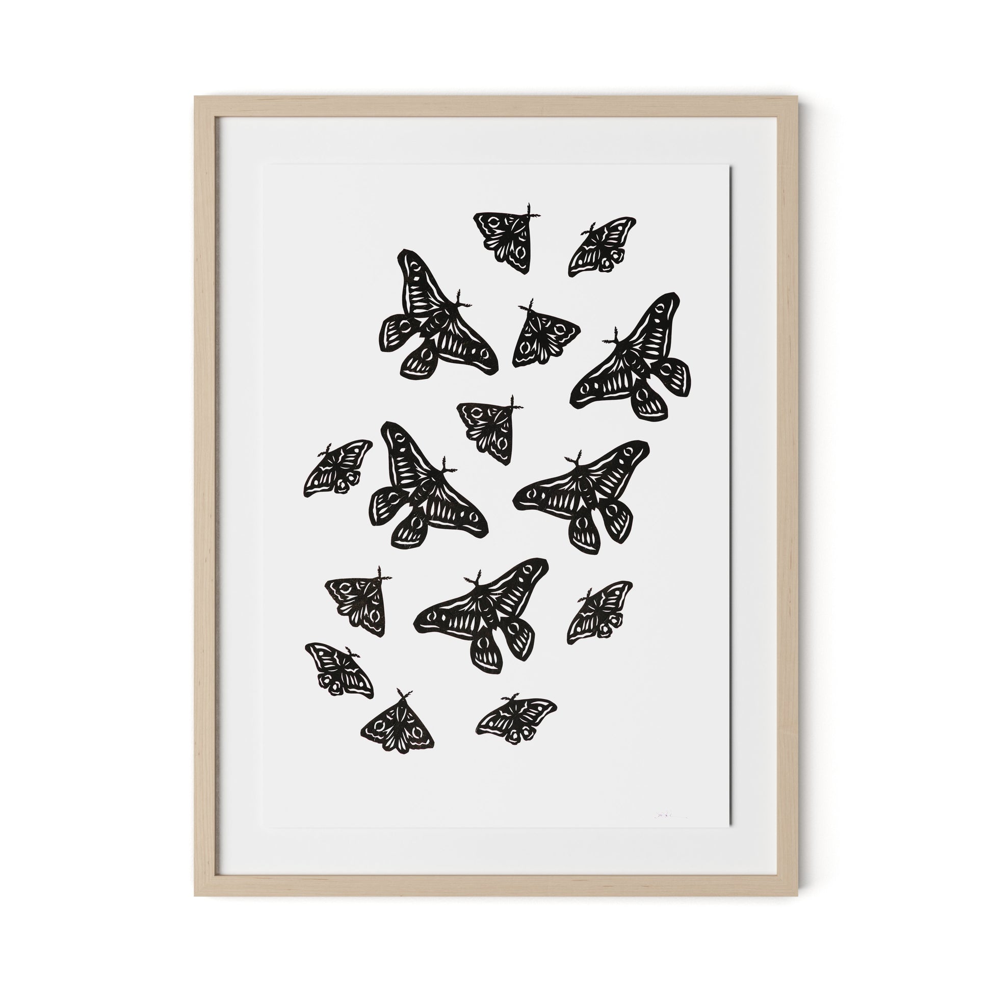 Black Moths Framed Paper / 24 x 32 in / Natural Maple