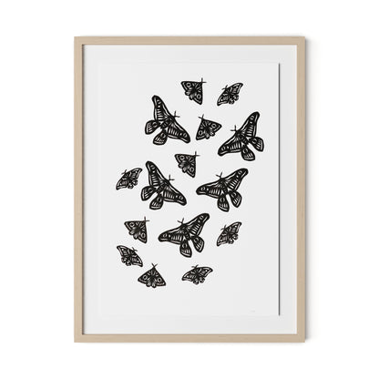Black Moths Framed Paper / 24 x 32 in / Natural Maple