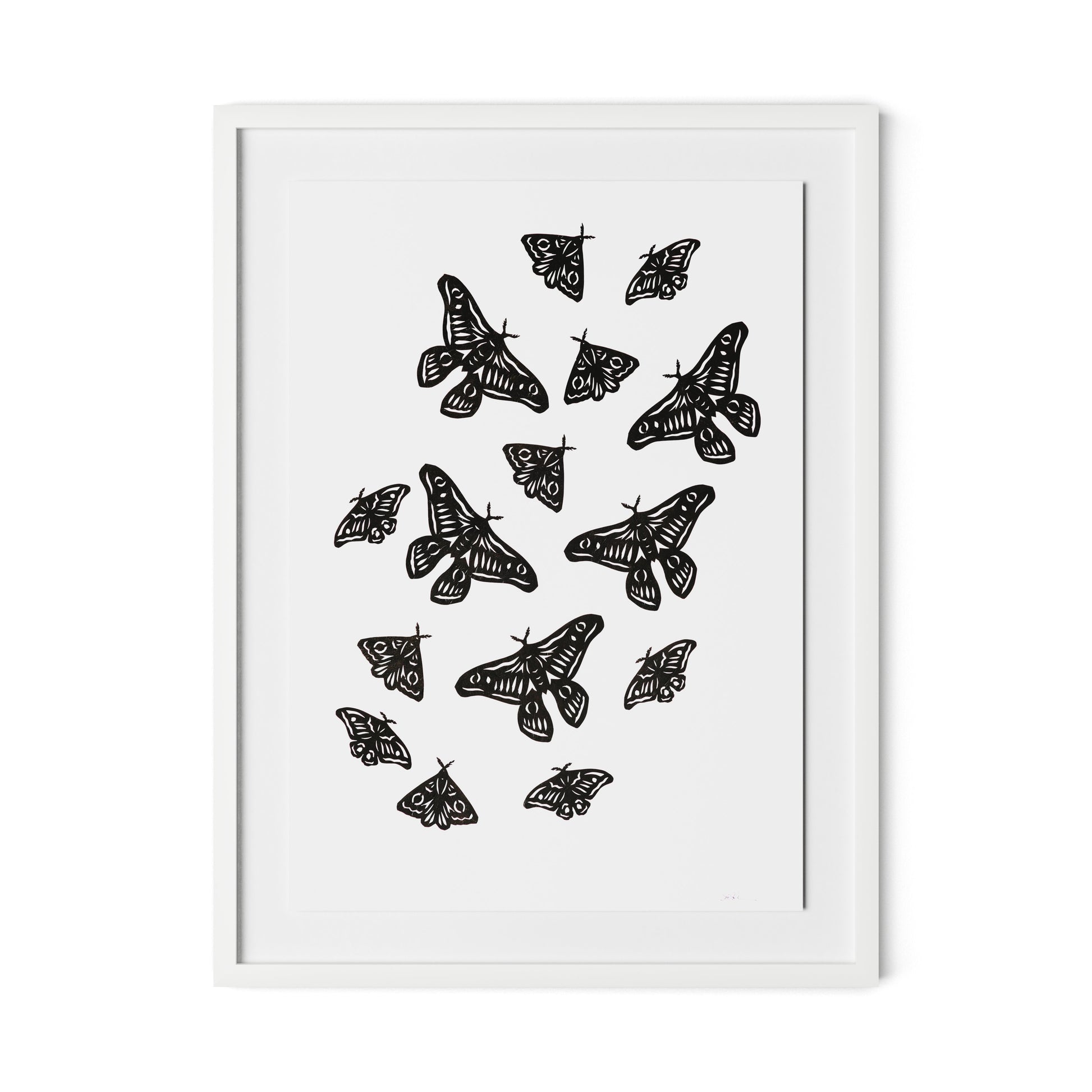 Black Moths Framed Paper / 24 x 32 in / White