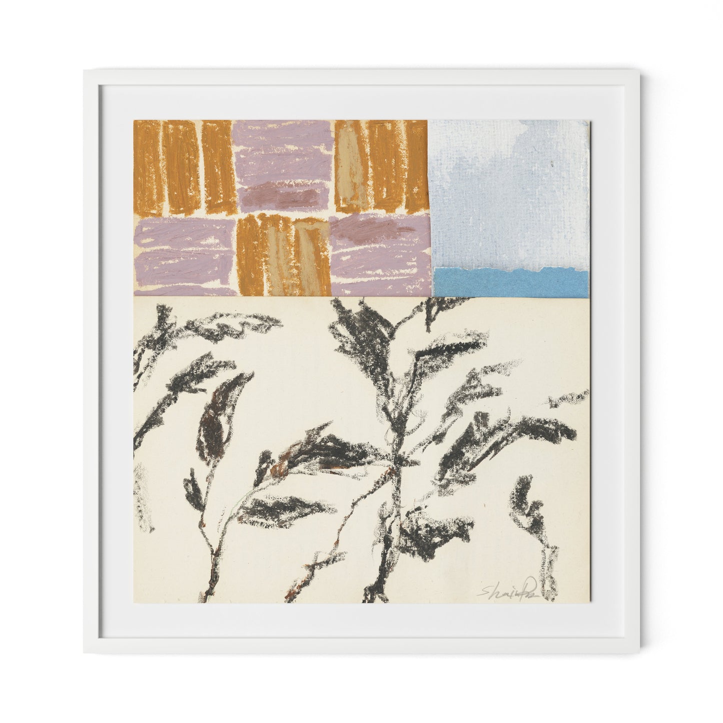 Olive Branch Abstract Framed Paper / 30.5 x 32 in / White