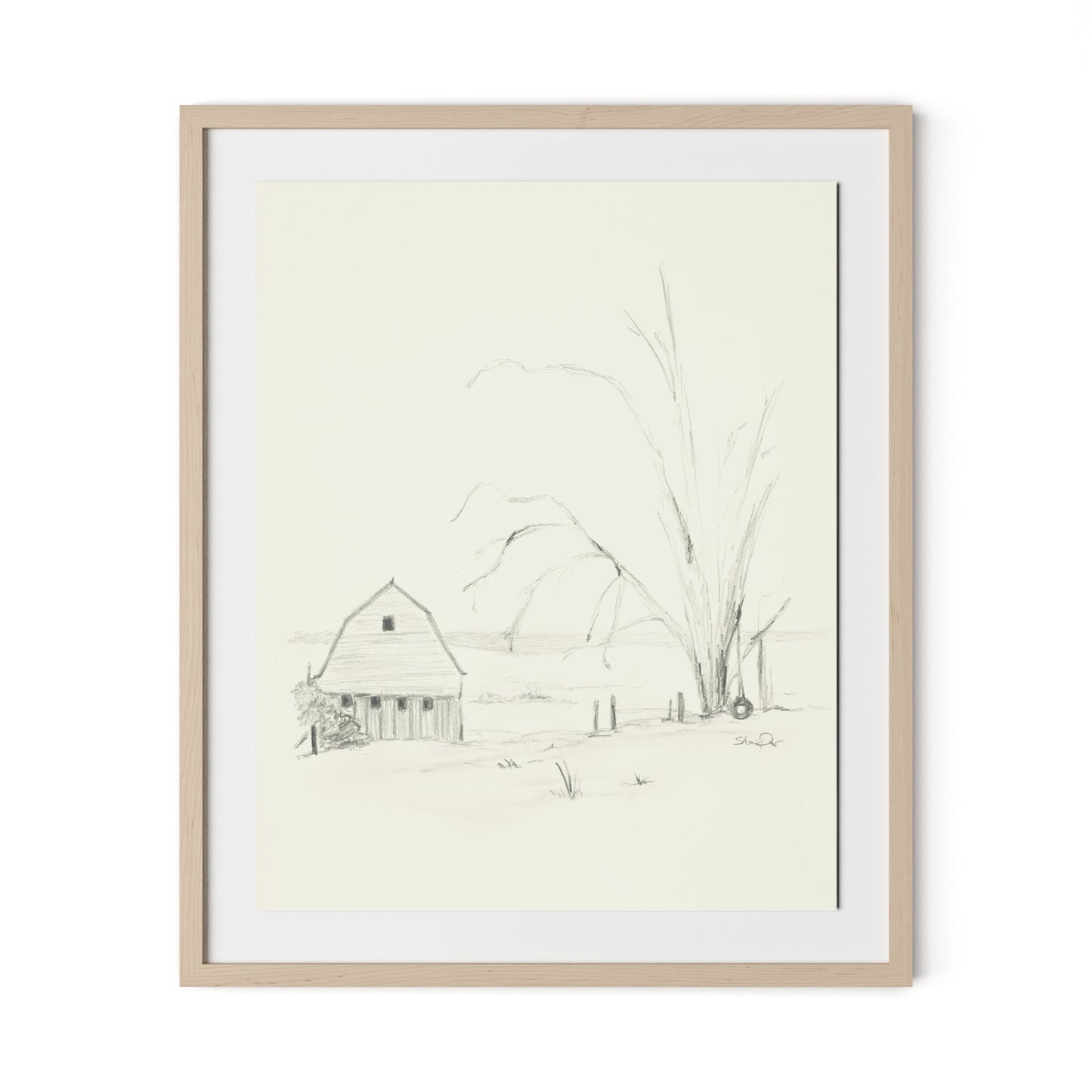 Barn and Tire Swing Framed Paper / 26.5 x 32 in / Natural Maple