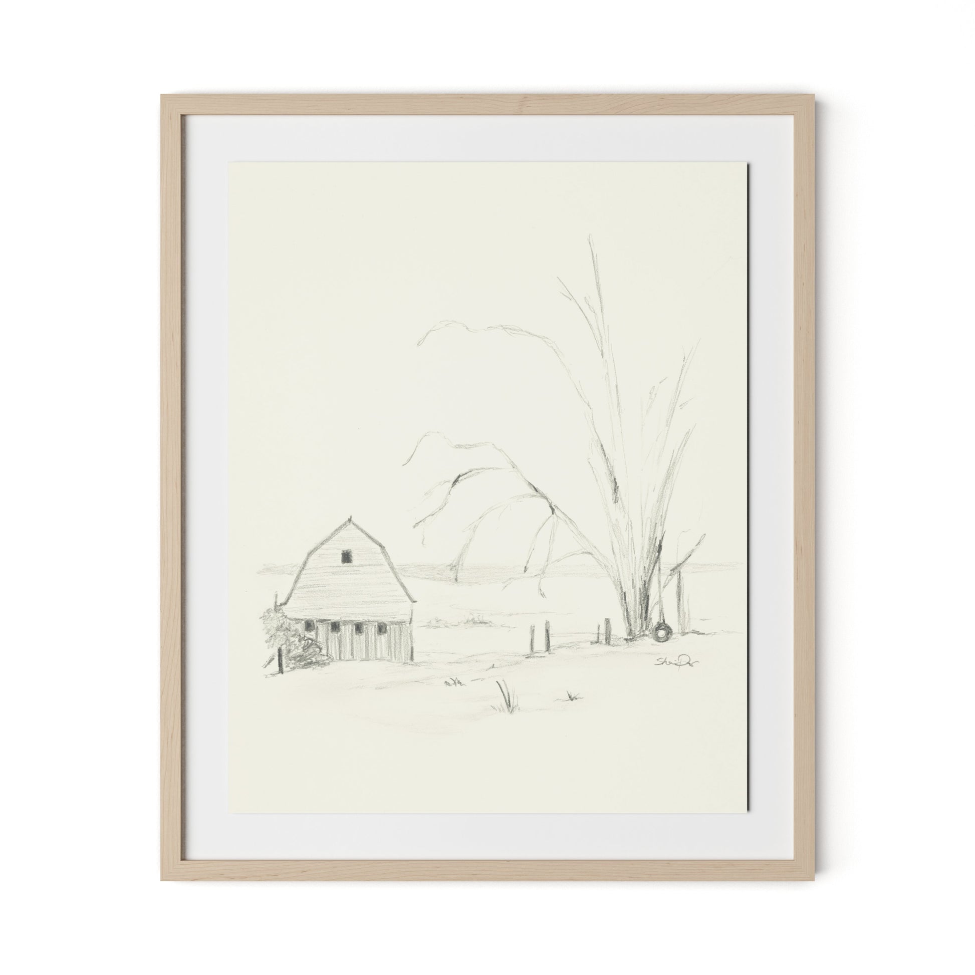 Barn and Tire Swing Framed Paper / 26.5 x 32 in / Natural Maple