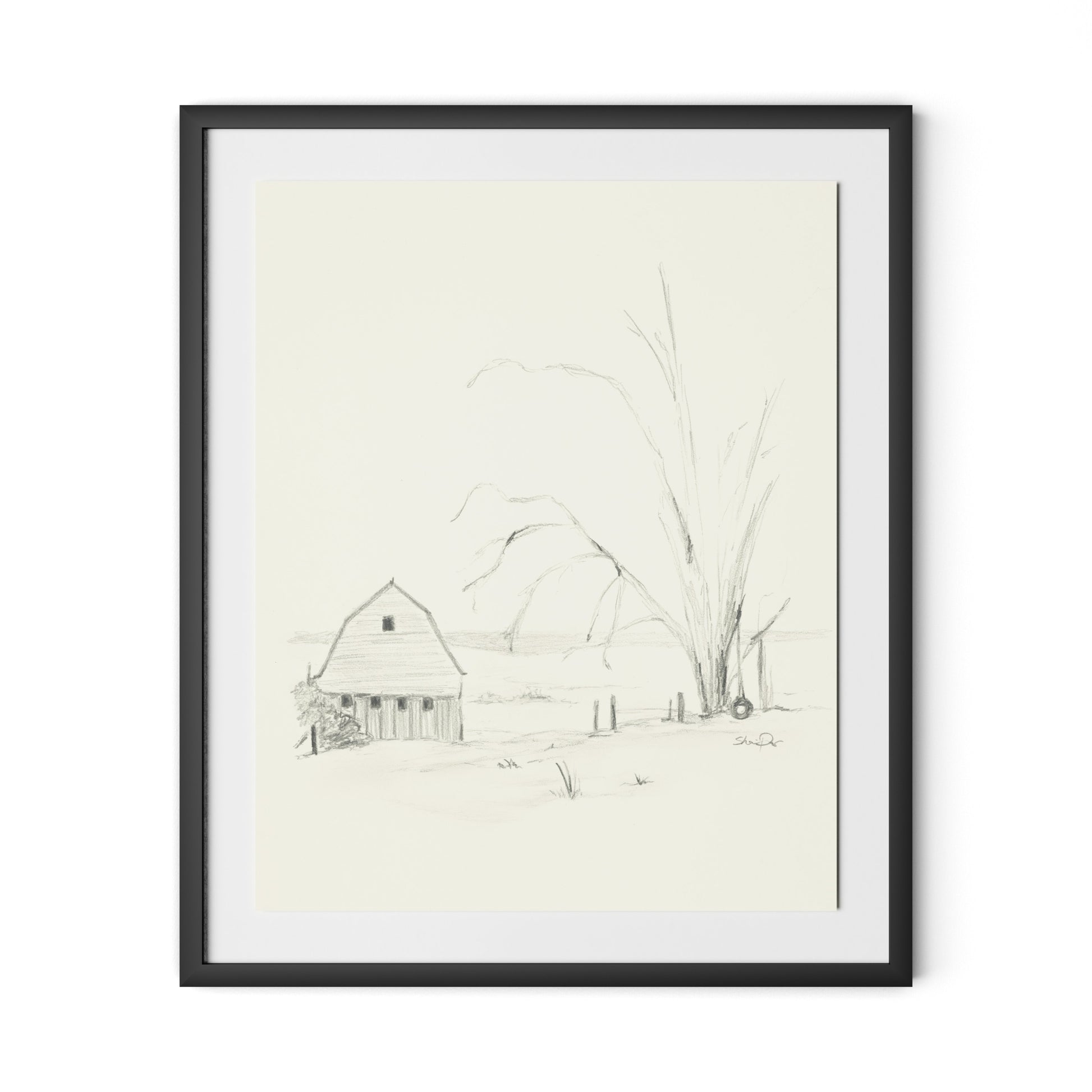Barn and Tire Swing Framed Paper / 26.5 x 32 in / Black