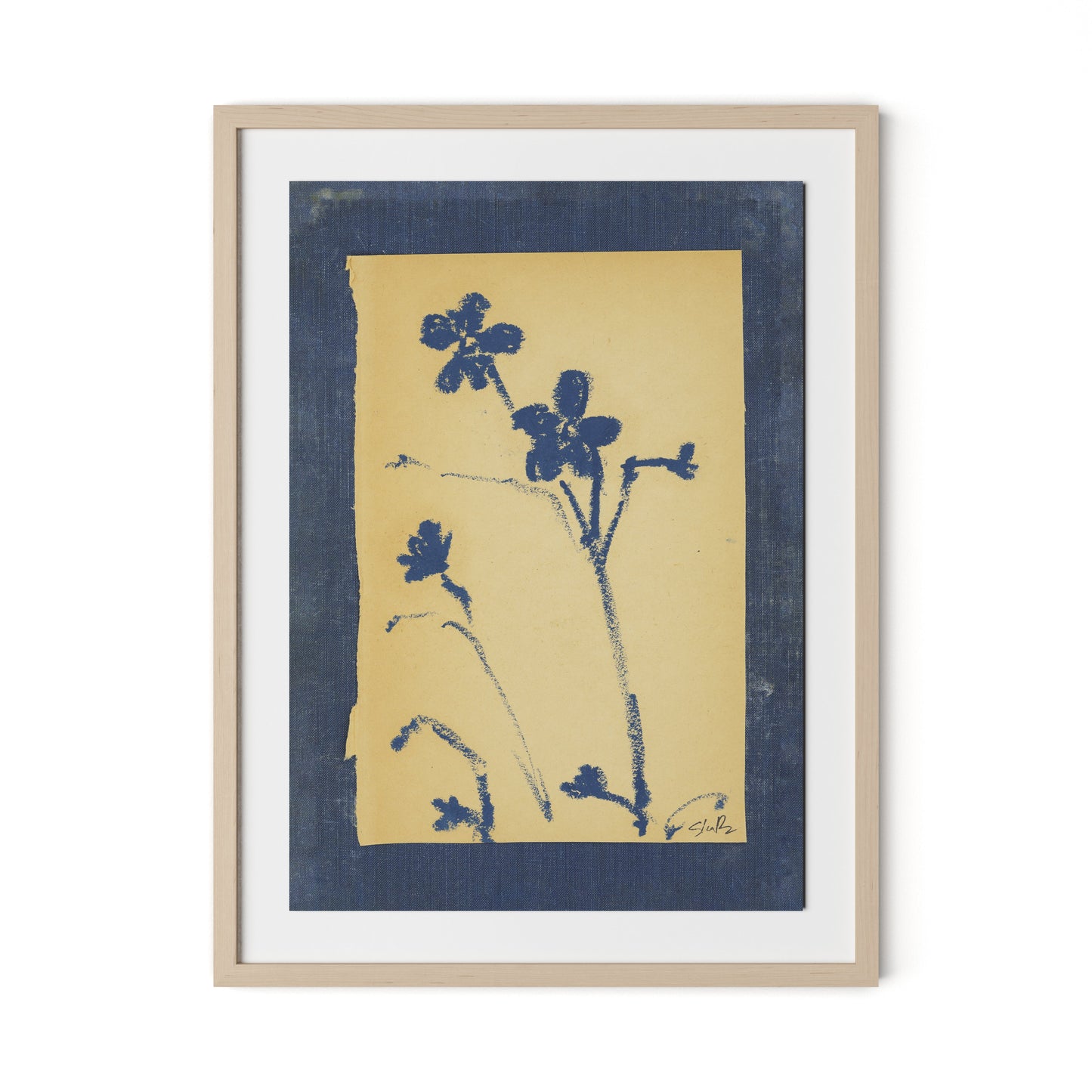 Vintage Blue Daisy Framed Paper / 24 x 32 in / Natural Maple
