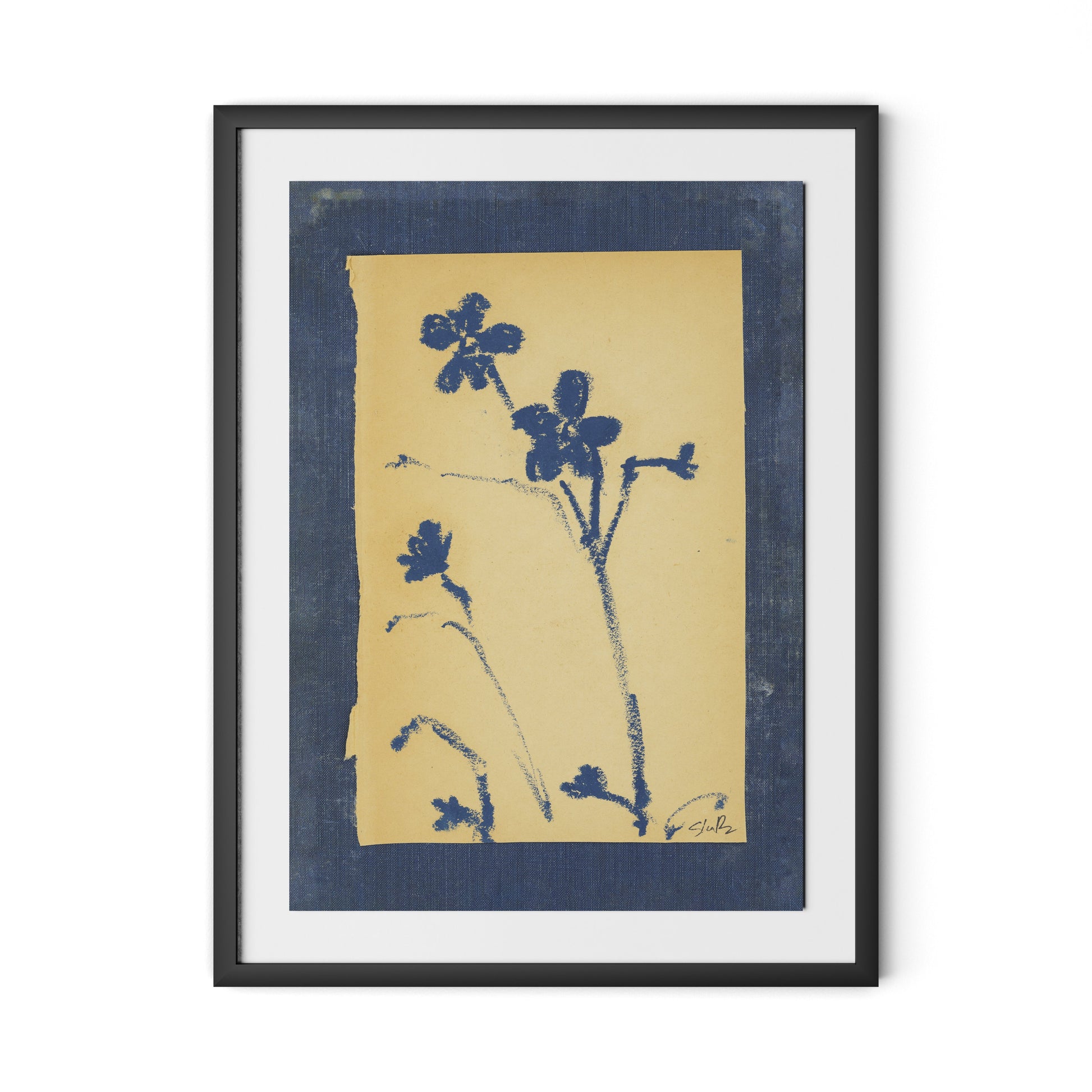 Vintage Blue Daisy Framed Paper / 24 x 32 in / Black