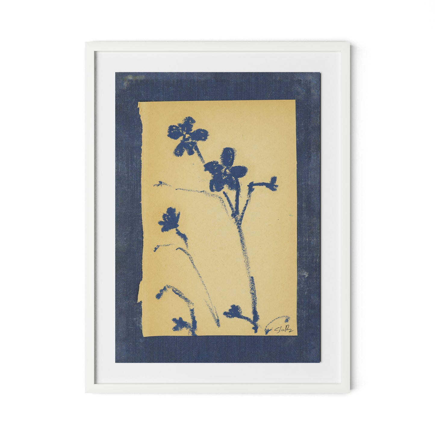Vintage Blue Daisy Framed Paper / 24 x 32 in / White