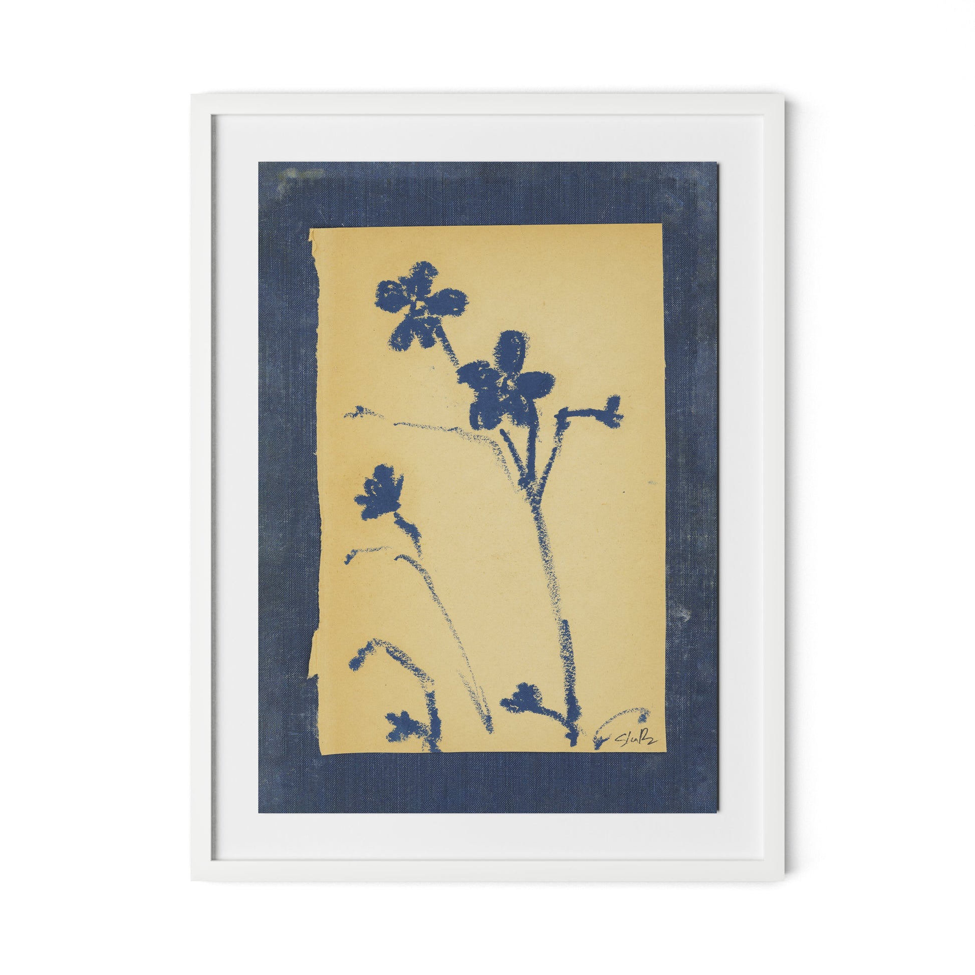 Vintage Blue Daisy Framed Paper / 24 x 32 in / White