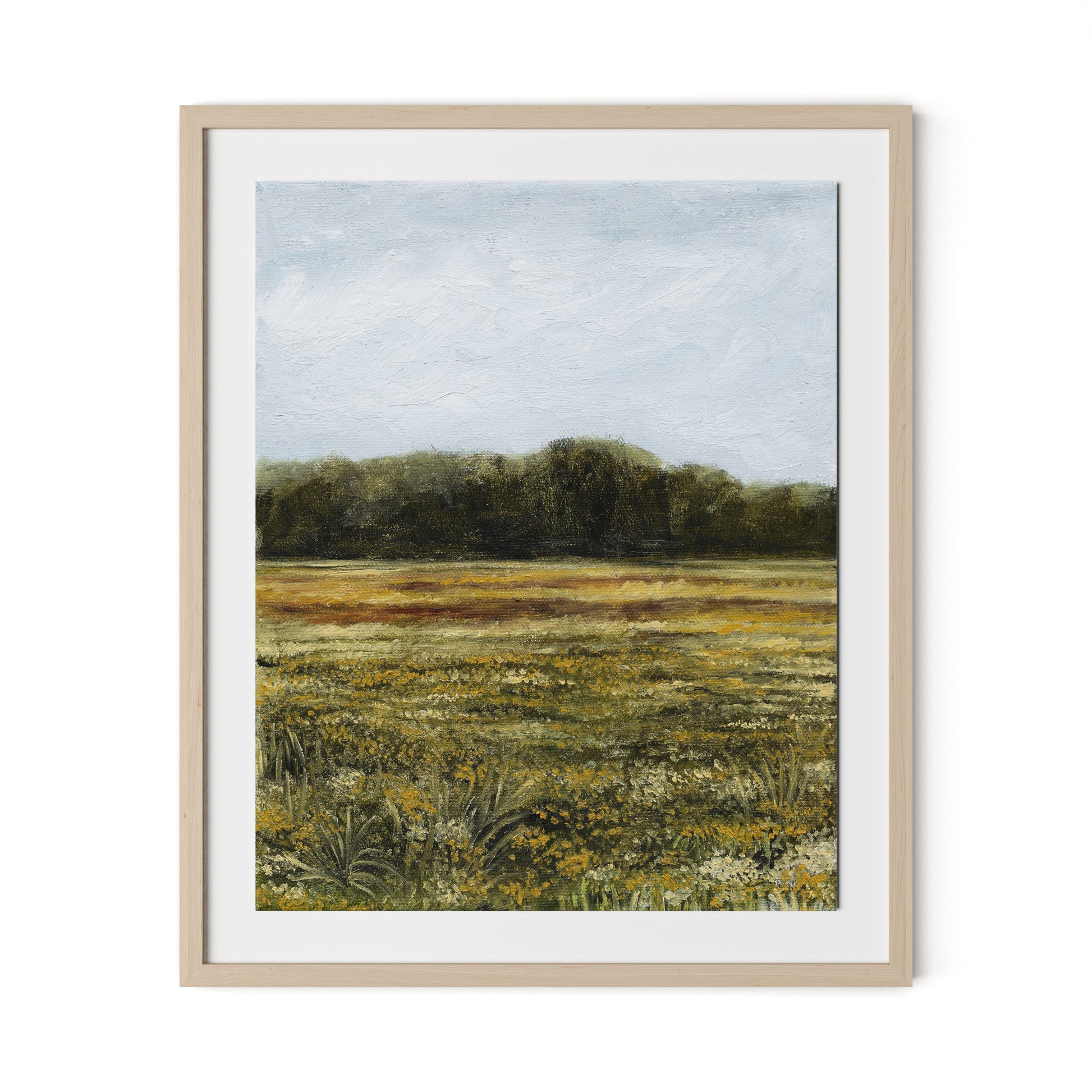 Yellow Flower Field Framed Paper / 26.5 x 32 in / Natural Maple
