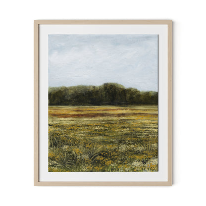 Yellow Flower Field Framed Paper / 26.5 x 32 in / Natural Maple